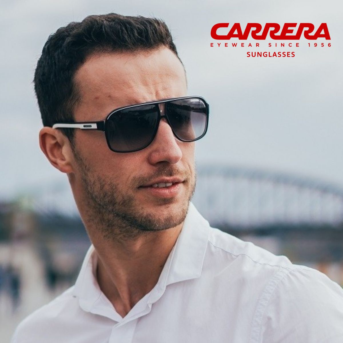 "Various trendy Carrera Sunglasses for men and women, including full rim, half rim, and rimless designs in multiple shades, available at Optorium."