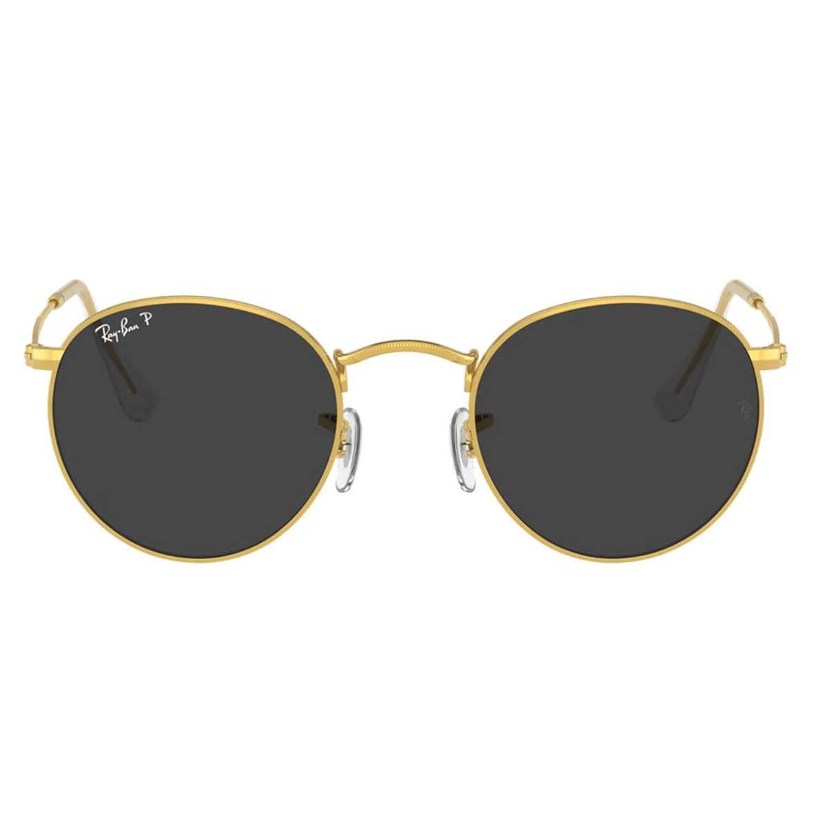 "Sleek Ray-Ban 3447 round sunglasses with gold frames, displayed against a minimalist background at Optorium."