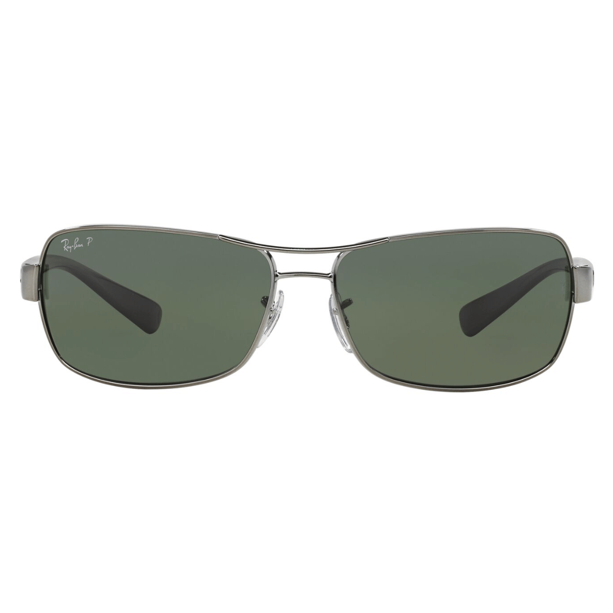 "Ray-Ban 3379 rectangular sunglasses in gunmetal with polarized green lenses, offering stylish protection, available at Optorium."