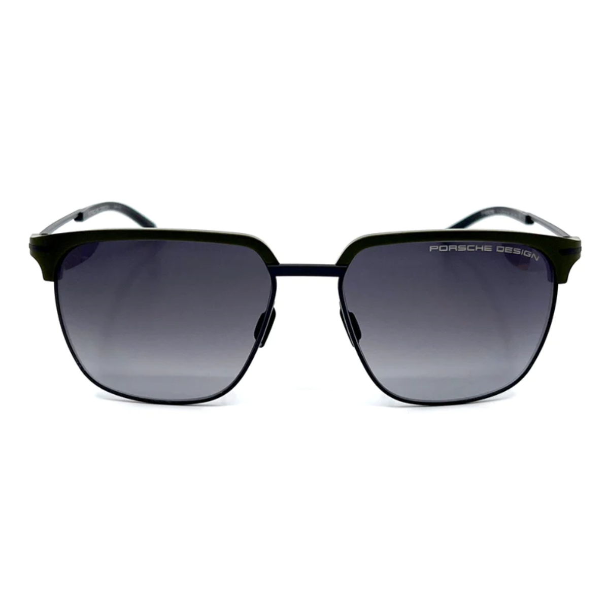 "Porsche Design P8698 Sunglasses: Stylish Aviator & Clubmaster Shades for Men & Women. Durable polycarbonate lenses in grey & blue gradient. Non-polarized, trendy black & olive green frame. Shop now at optorium."