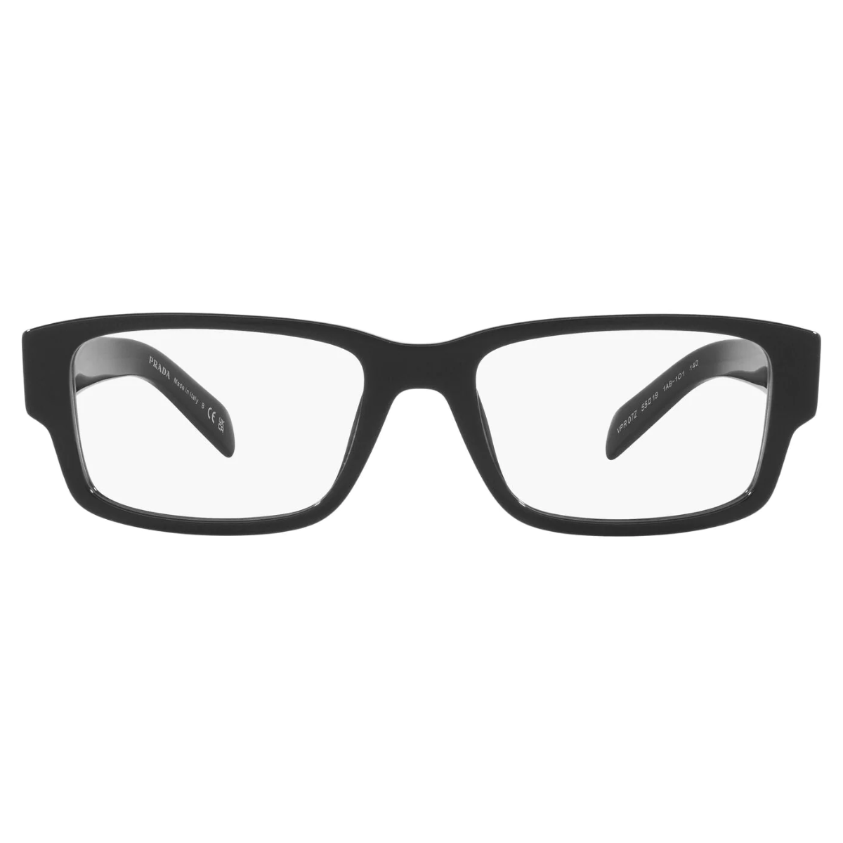 A pair of Prada VPR 07Z black rectangular eyeglasses with full acetate rims and temples.