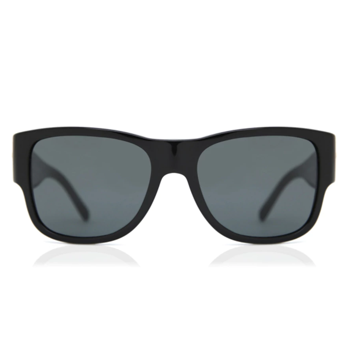 "Shop Versace 4275 GB1/87 Sunglass at Optorium - High-quality square sunglasses with grey lenses and black with gold temples. Find your perfect pair today!"