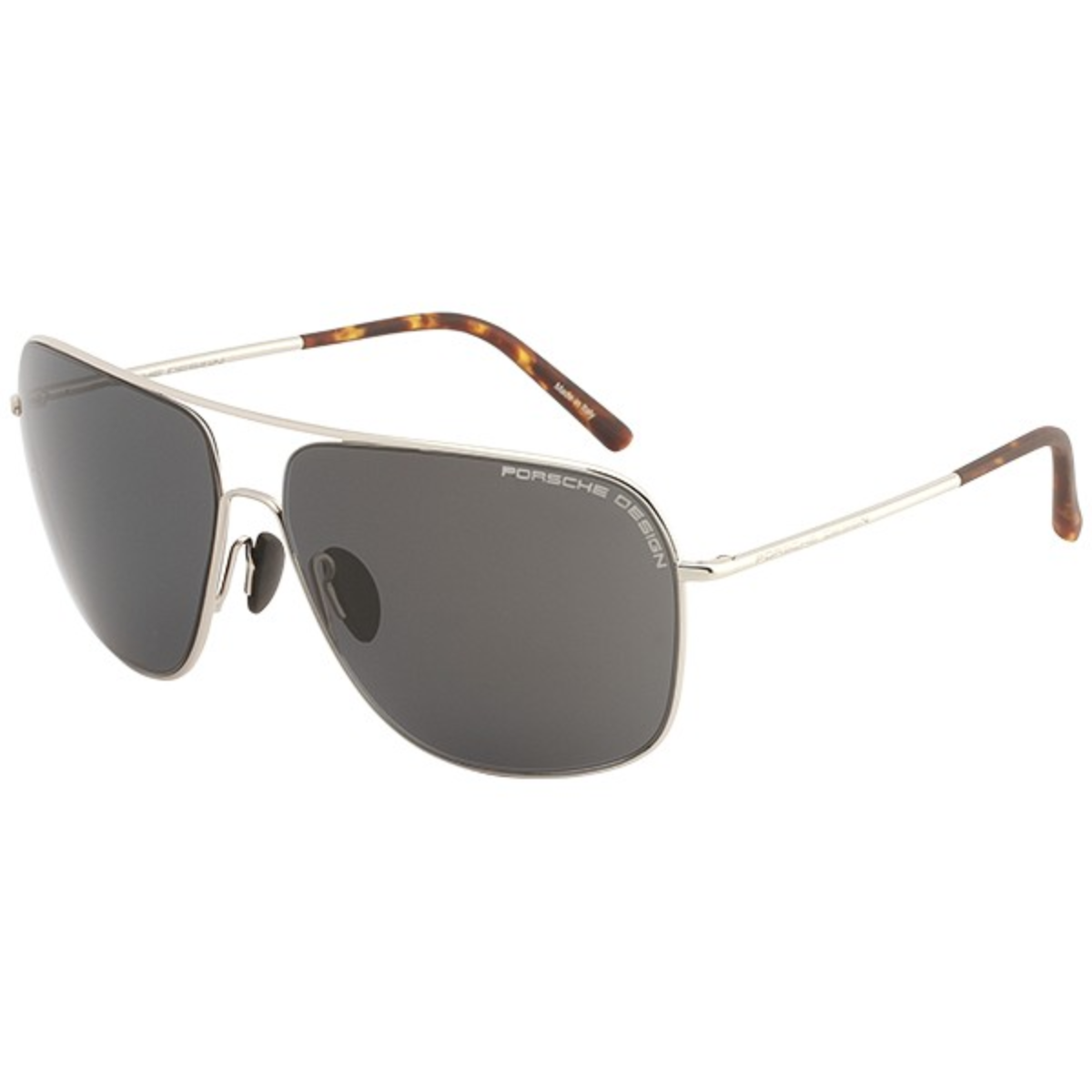 "Get the iconic Porsche Design P8607 Aviator Sunglasses at Optorium. Silver full frame, mirror grey lenses. Shop now for trendy eyewear!"