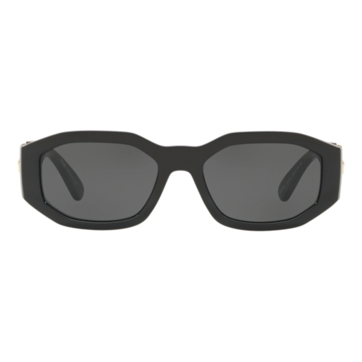 "Stylish square-shaped Versace 4361 GB1/87 sunglasses for men and women at Optorium. Black and gold frame with non-polarized grey lenses."