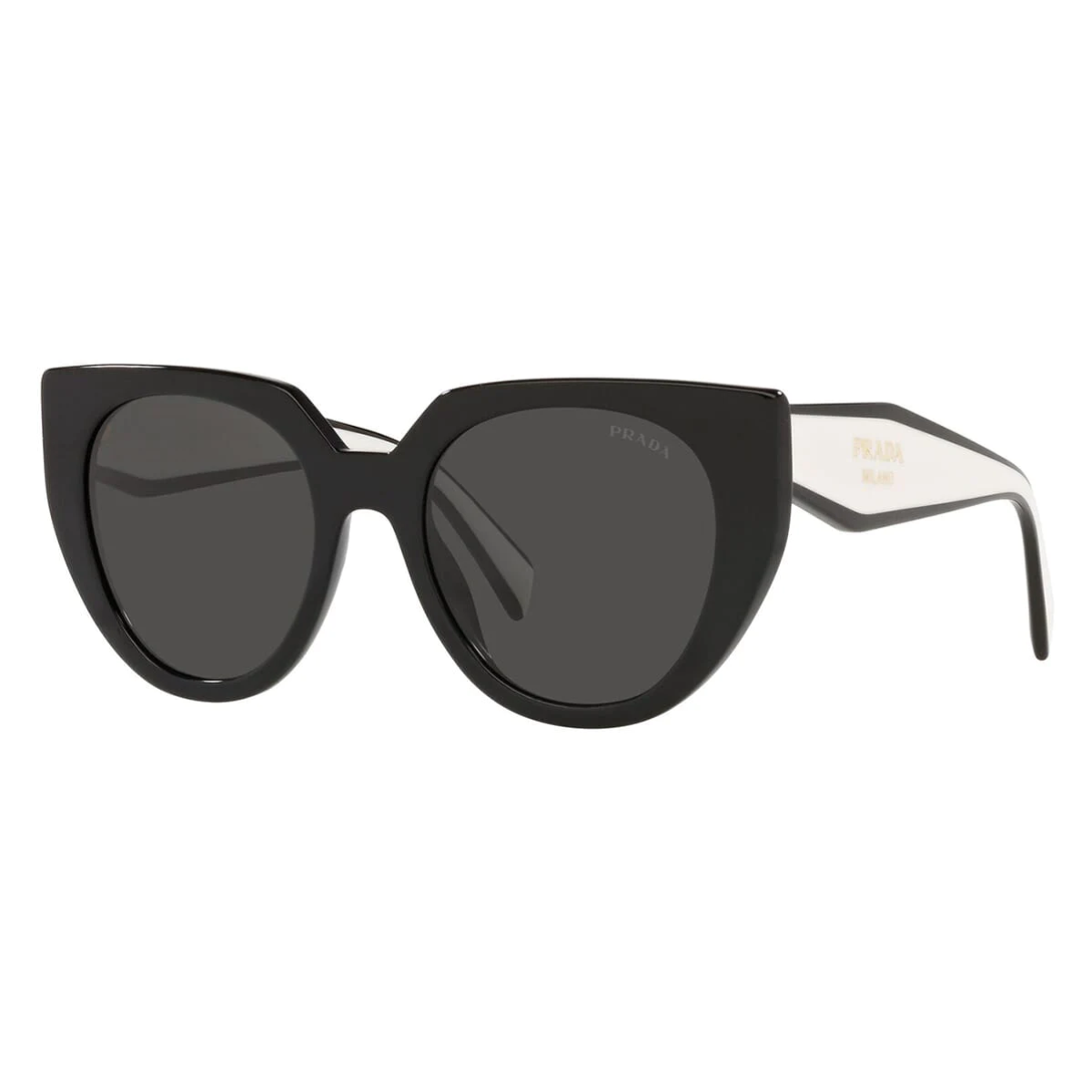 "Prada cat eye shades in shiny black with grey lenses, a must-have accessory for ladies who appreciate fashion-forward eyewear, available now at Optorium."