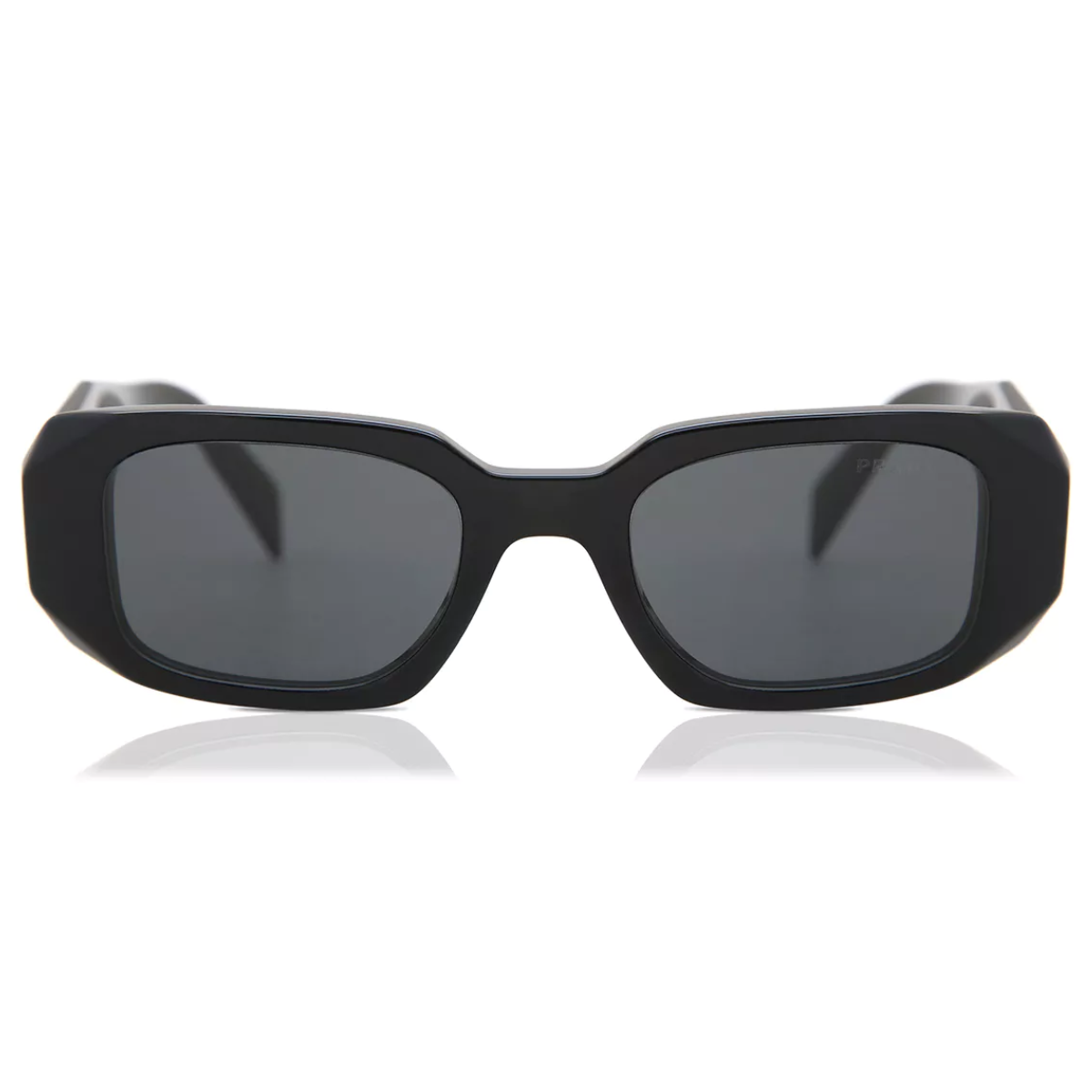 "Discover the latest Prada SPR 17WS 1AB5S0 sunglasses at Optorium, featuring a stylish rectangular design and shiny black frame, ideal for adding a touch of sophistication to any summer ensemble."