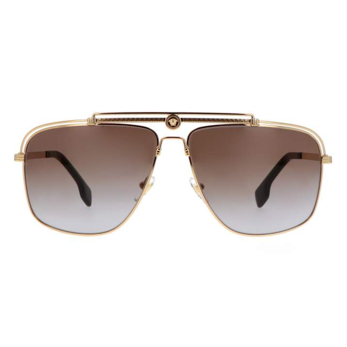 "Discover the chic Versace 2242 100287 Sunglasses at Optorium. Unisex brown gradient lens with black and gold te"mples. Elevate your style today!