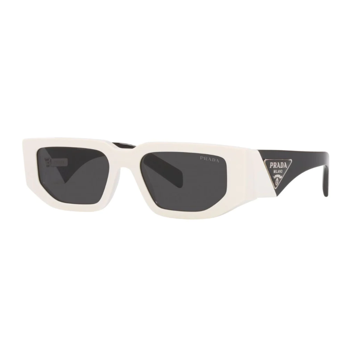 "Elevate your eyewear game with Prada SPR 09Z 142-5S0 sunglasses from Optorium. Perfect for men and women, these cool grey rectangle shades with a butterfly shape are a must-have for your summer ensemble."