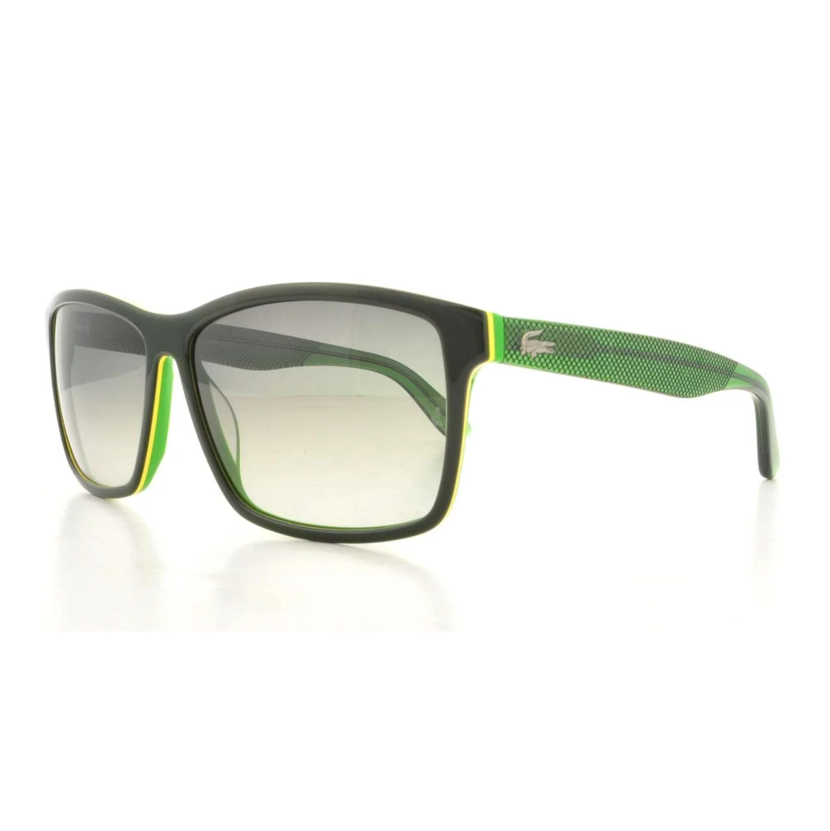 "optorium top branded sunglasses for men and women Lacoste 705 Square Sunglasses for Men and Women | Optorium - Non-polarized, light grey gradient lens, green temple. Elevate your eyewear game!"