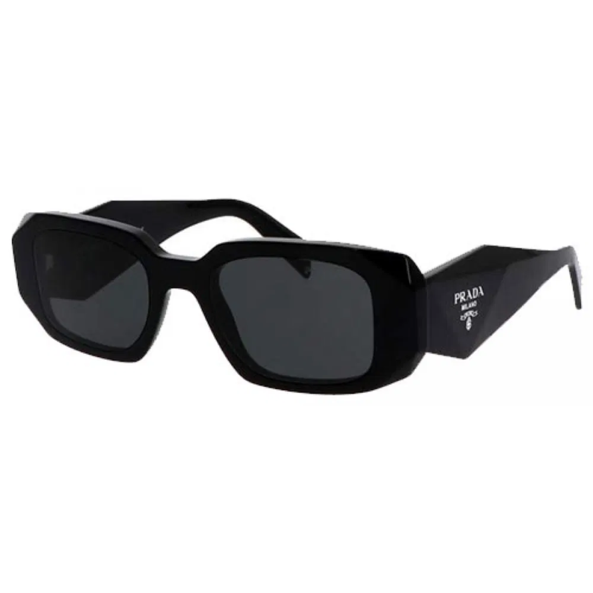  "Elevate your summer style with Prada SPR 17WS 1AB5S0 sunglasses from Optorium, offering a sleek rectangular shape and fashionable shiny black frame, suitable for both men and women."