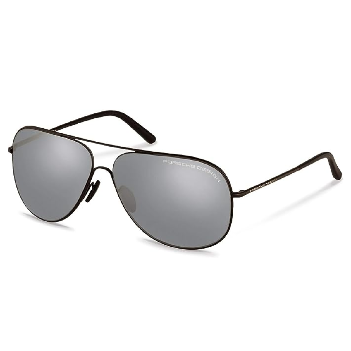 " Elevate your eyewear game with Porsche Design P8605 Aviator Sunglasses from Optorium. Non-polarized mirror grey lens, black metal frame."