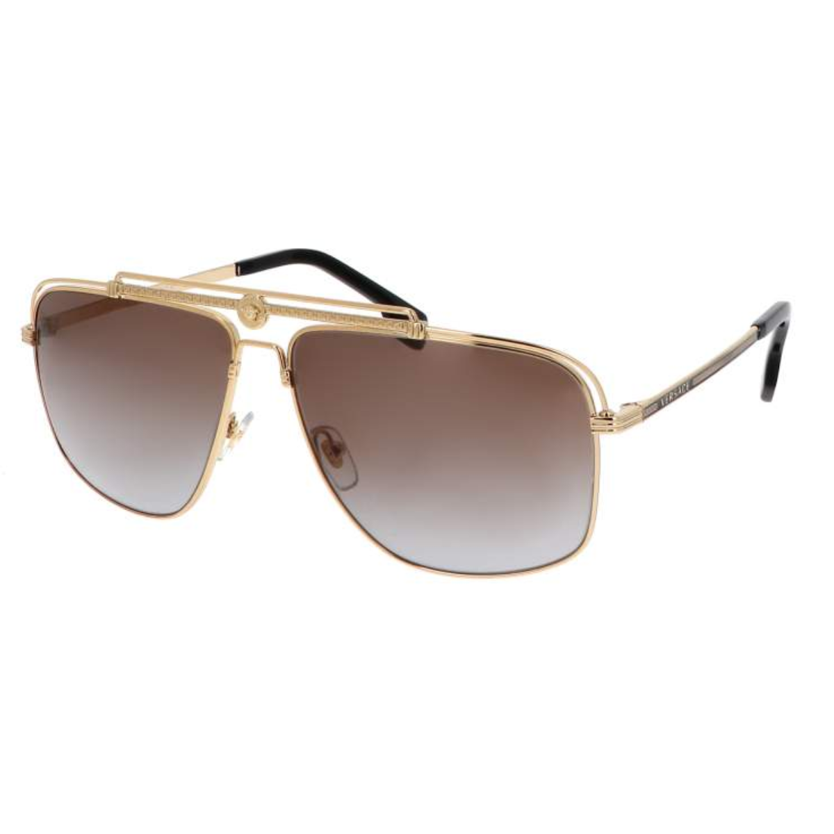 "Shop the fashionable Versace 2242 100287 Sunglasses at Optorium. Unisex brown gradient lens, black and gold temples. Elevate your style game! at optrium"