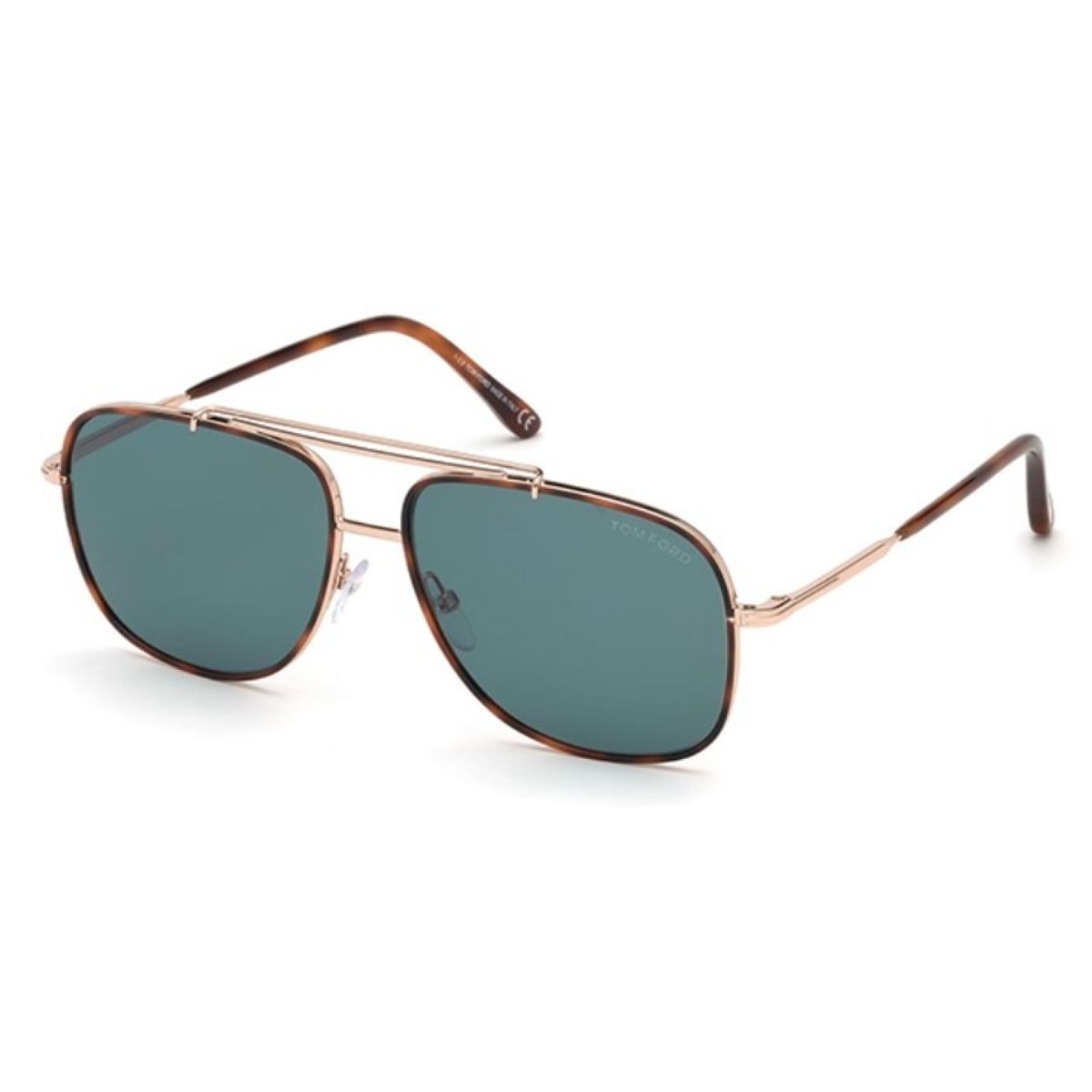 "Close-up view of the Tom Ford 693 sunglasses, highlighting the fine details of the gold with Havana accents on the metal frame and the vibrant light green lenses."