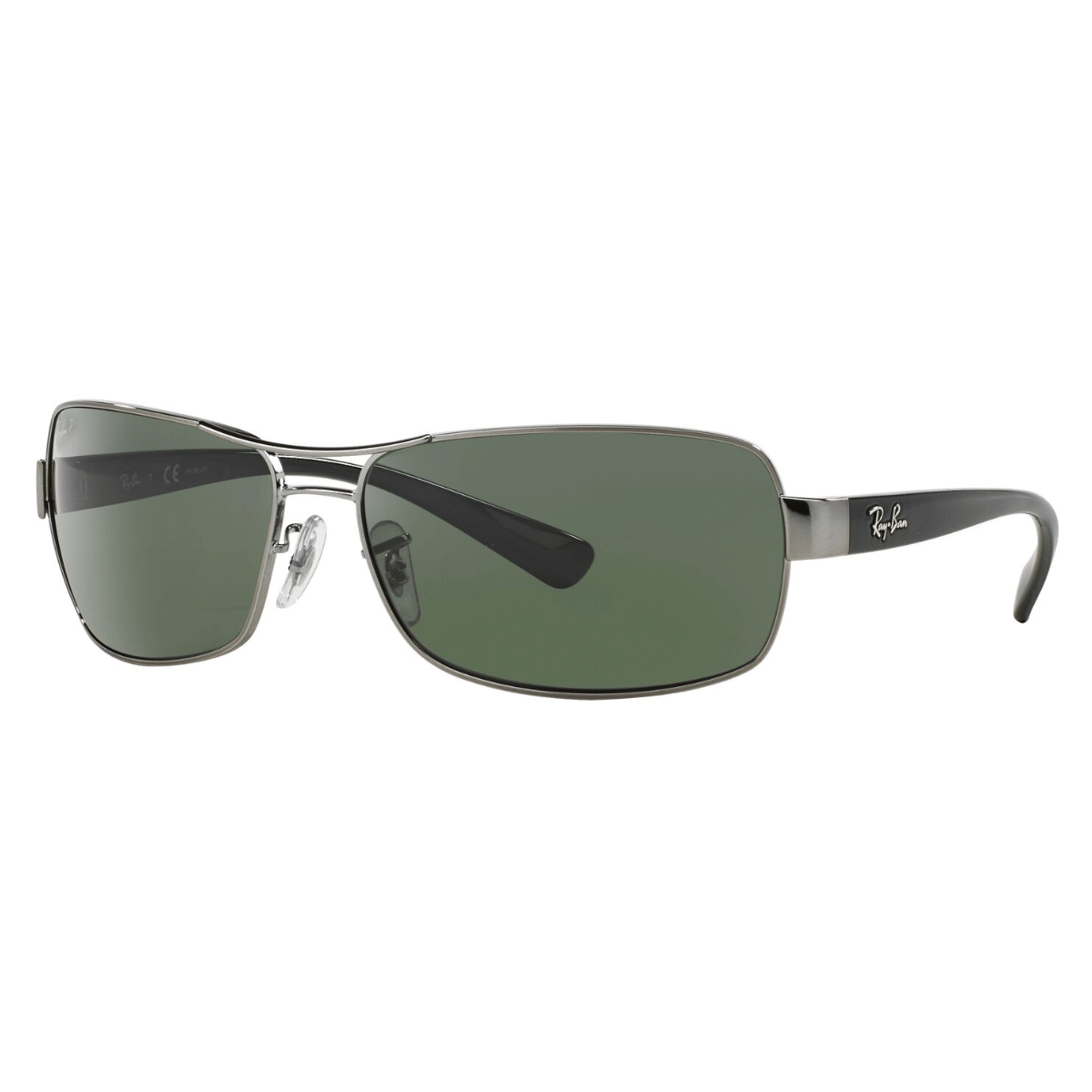 "Sophisticated Ray-Ban 3379 gunmetal sunglasses, featuring polarized green lenses for enhanced clarity, on display at Optorium."