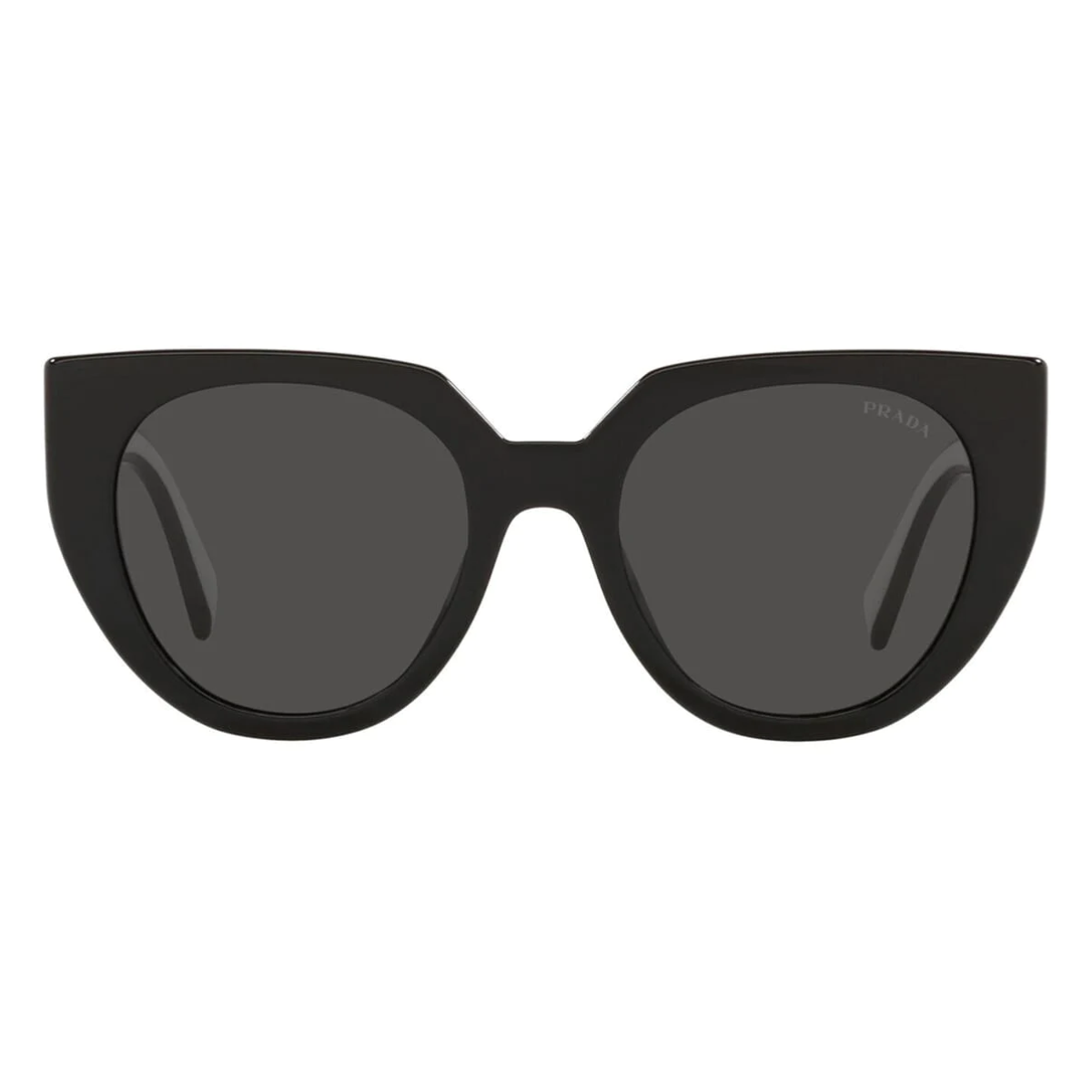 "Shop the latest Prada SPR 17WS 1AB5S0 sunglasses at Optorium, featuring shiny black cat eye frames and grey lenses, perfect for women who want to make a bold fashion statement."