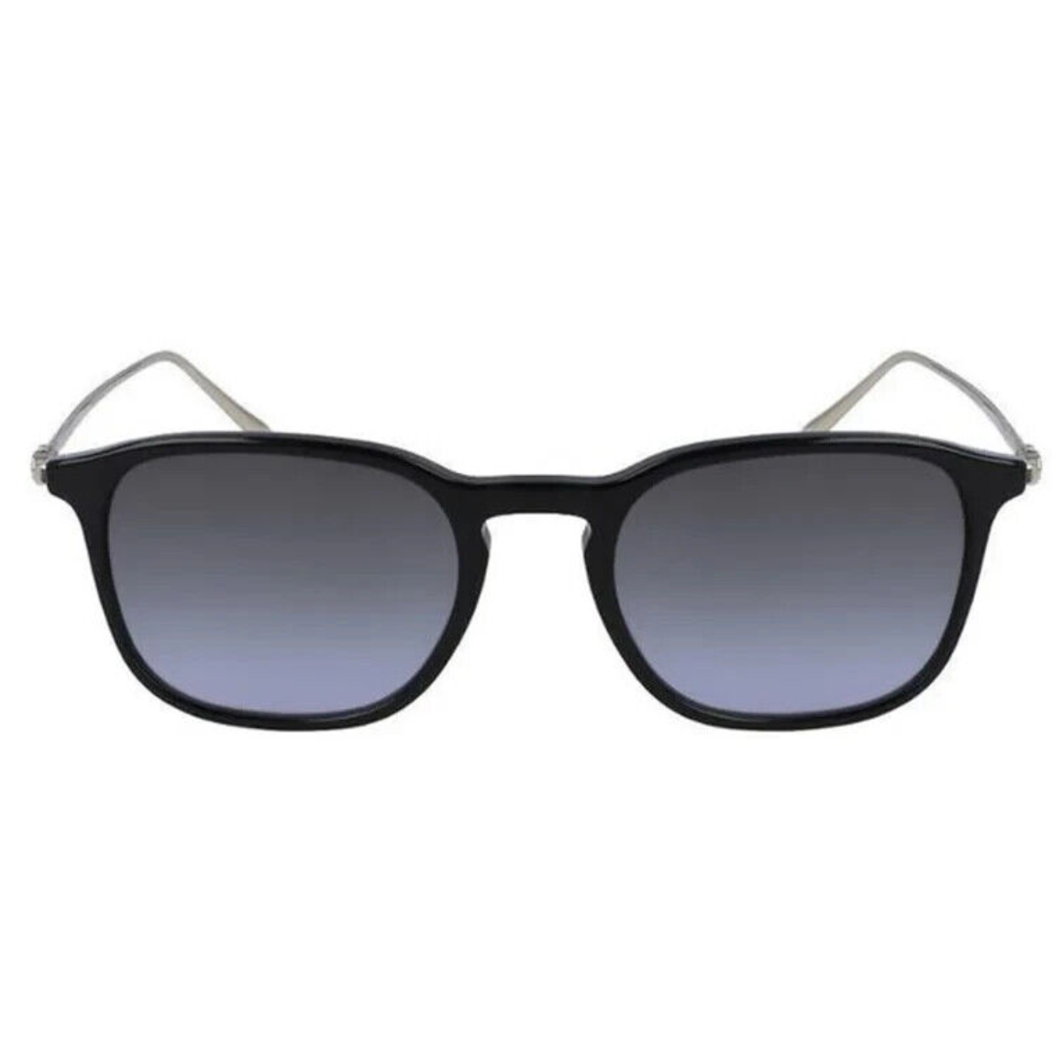 A pair of square-shaped, full-rim Salvatore Ferragamo sunglasses with a gold temple and a grey gradient lens.