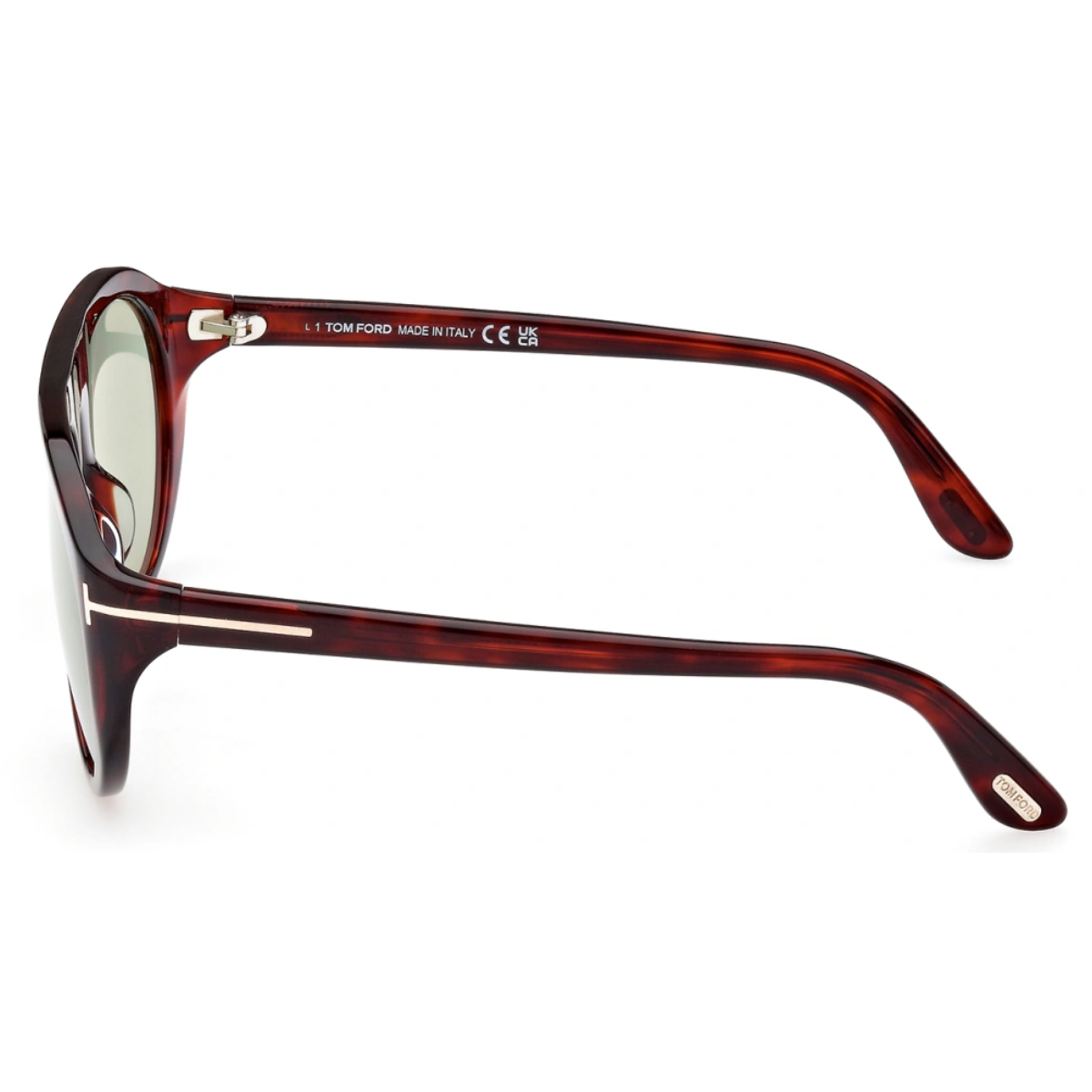 "Close-up of Tom Ford REX-02 1001 54N 57 sunglasses with red Havana frame and green photochromatic lenses, showcasing the brand's logo on the temple."