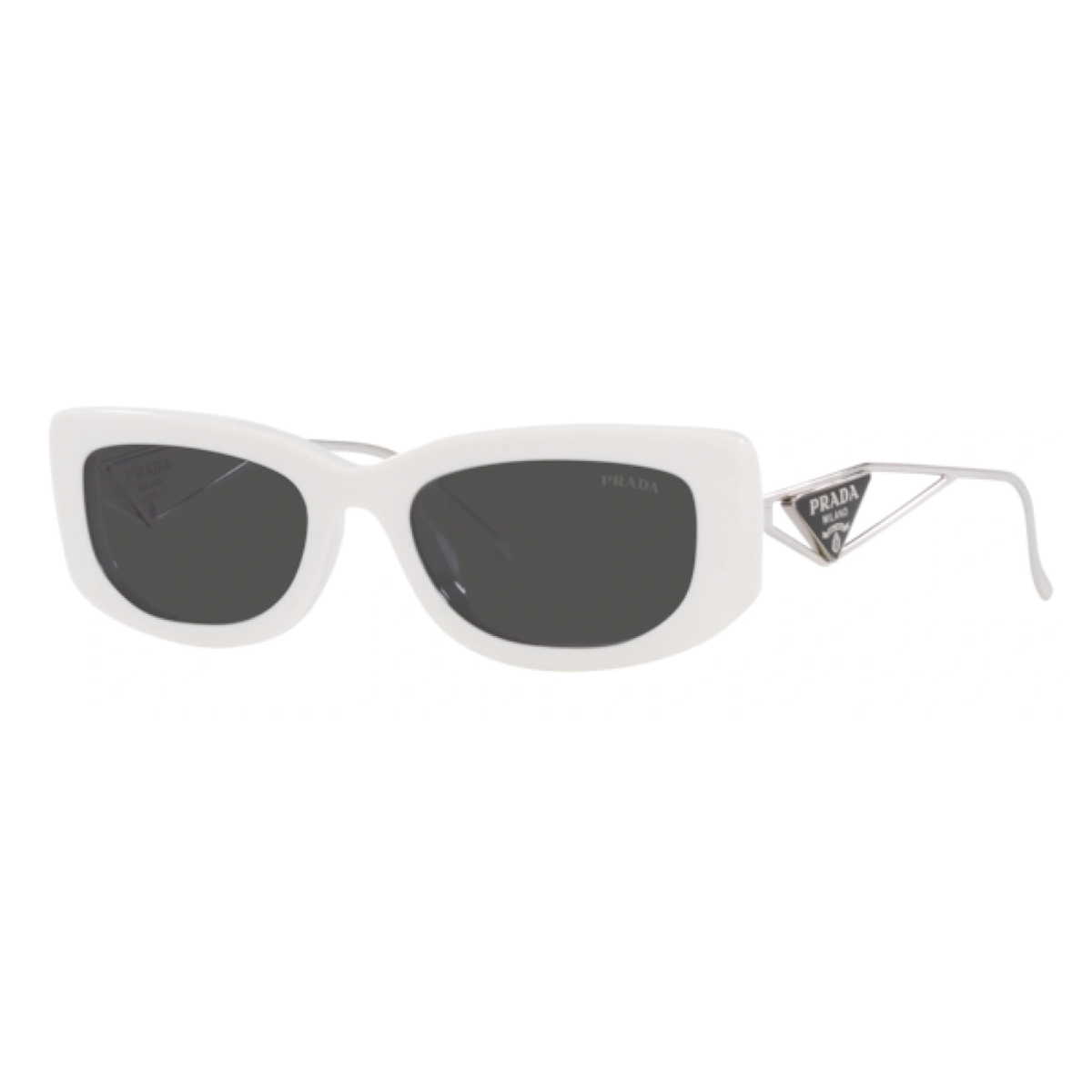 "Elevate your look with Prada SPR 14Y 142-5S0 rectangular sunglasses, featuring a talc frame and dark grey lenses. Experience the luxury of Prada's premium eyewear for women."