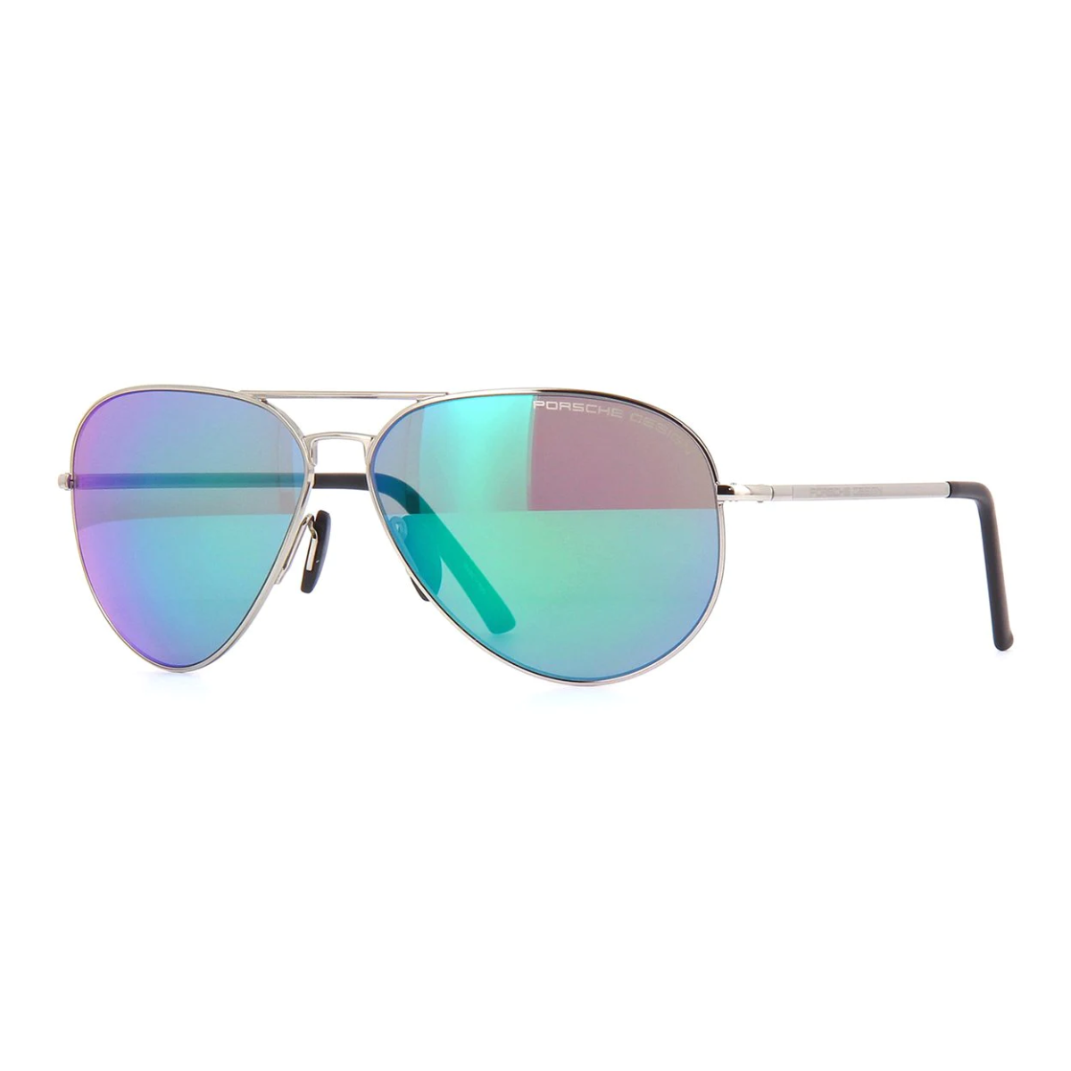 "Porsche Design P8508 Sunglasses: Aviator shape, mirror grey lenses. Sleek silver and black metal temples. Non-polarized for clarity. Shop now at optorium."