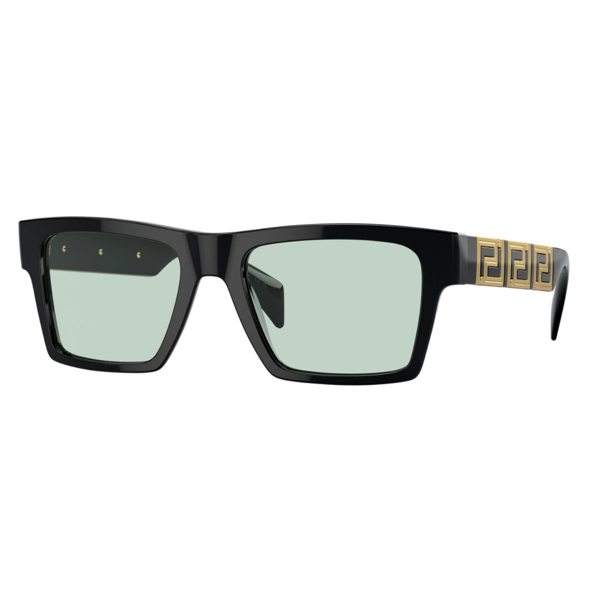 " Elevate your look with Versace 4275 GB1/87 Sunglass from Optorium. Square-shaped sunglasses with grey lenses and black with gold temples. at optorium"
