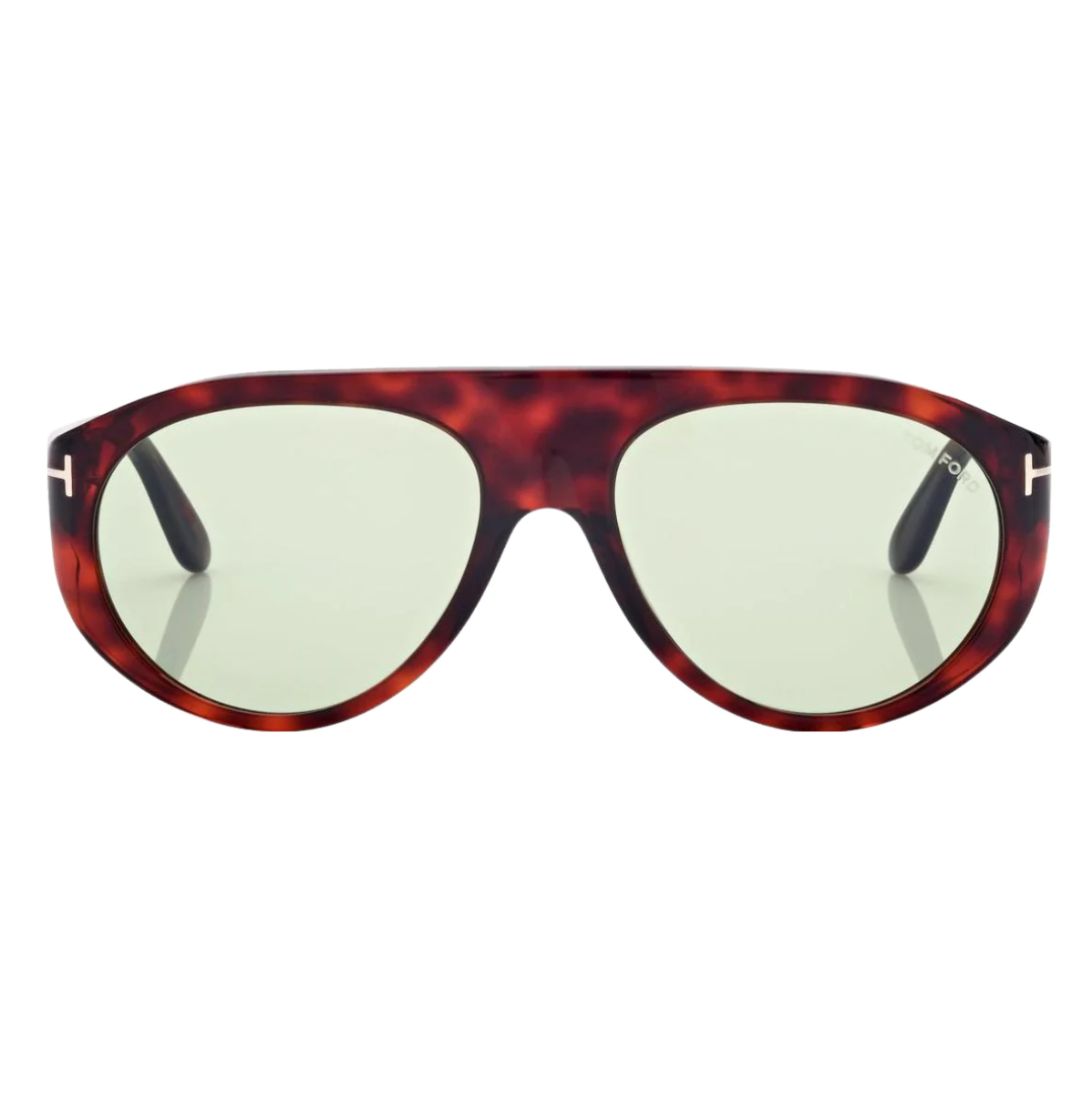 "Tom Ford REX-02 sunglasses displayed against a minimalist background, highlighting the red Havana frame and green lenses in an aviator shape."