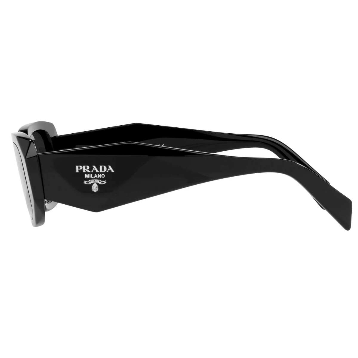  "Unisex Prada SPR 17WS 1AB5S0 sunglasses available at Optorium, boasting a sleek rectangular silhouette and chic shiny black frame, the perfect accessory for a stylish summer look."