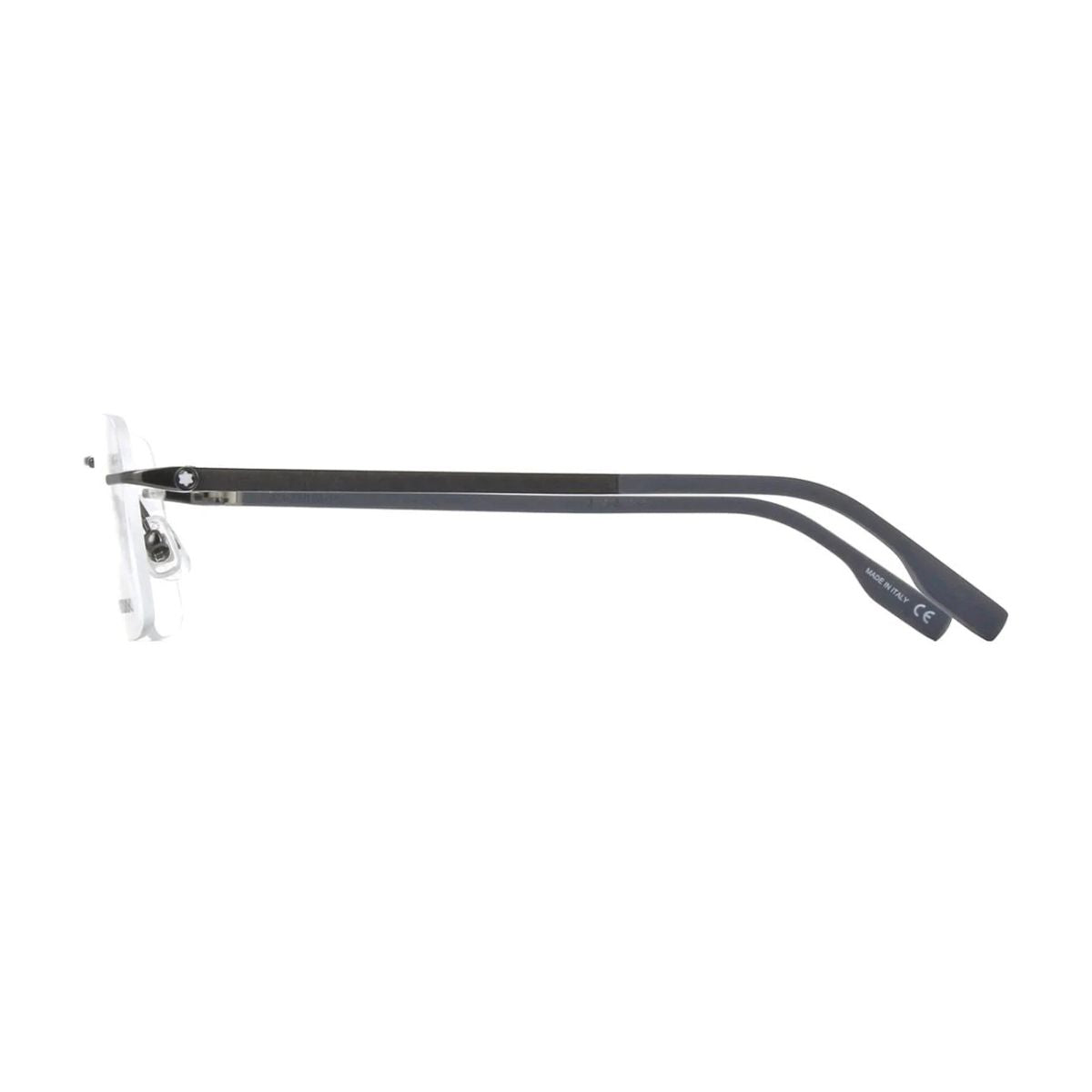 "Mont Blanc MB0185O 003 rimless optical frame in gunmetal, stylish and lightweight, online at Optorium."