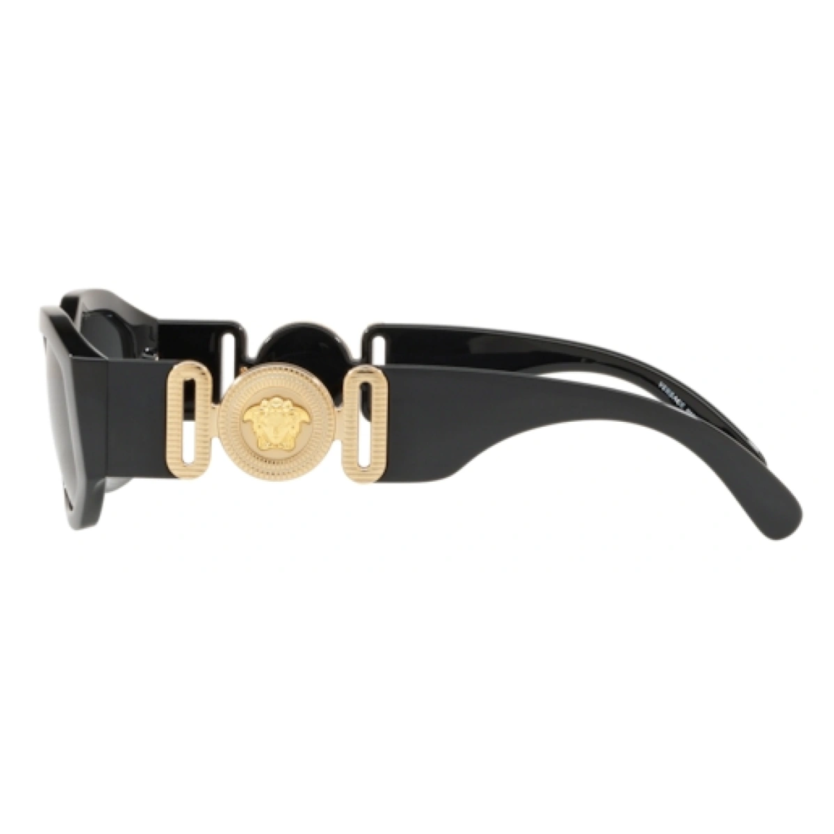 " Versace 4361 GB1/87 sunglasses for men and women available at Optorium. Square-shaped shades with black and gold frame, non-polarized grey lenses."