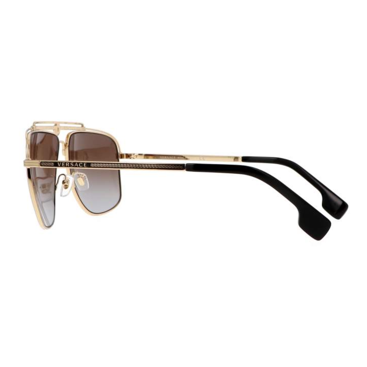 "Elevate your style with Versace 2242 100287 Sunglasses from Optorium. Unisex brown gradient lens, sleek black and gold temples. Shop now at optorium"