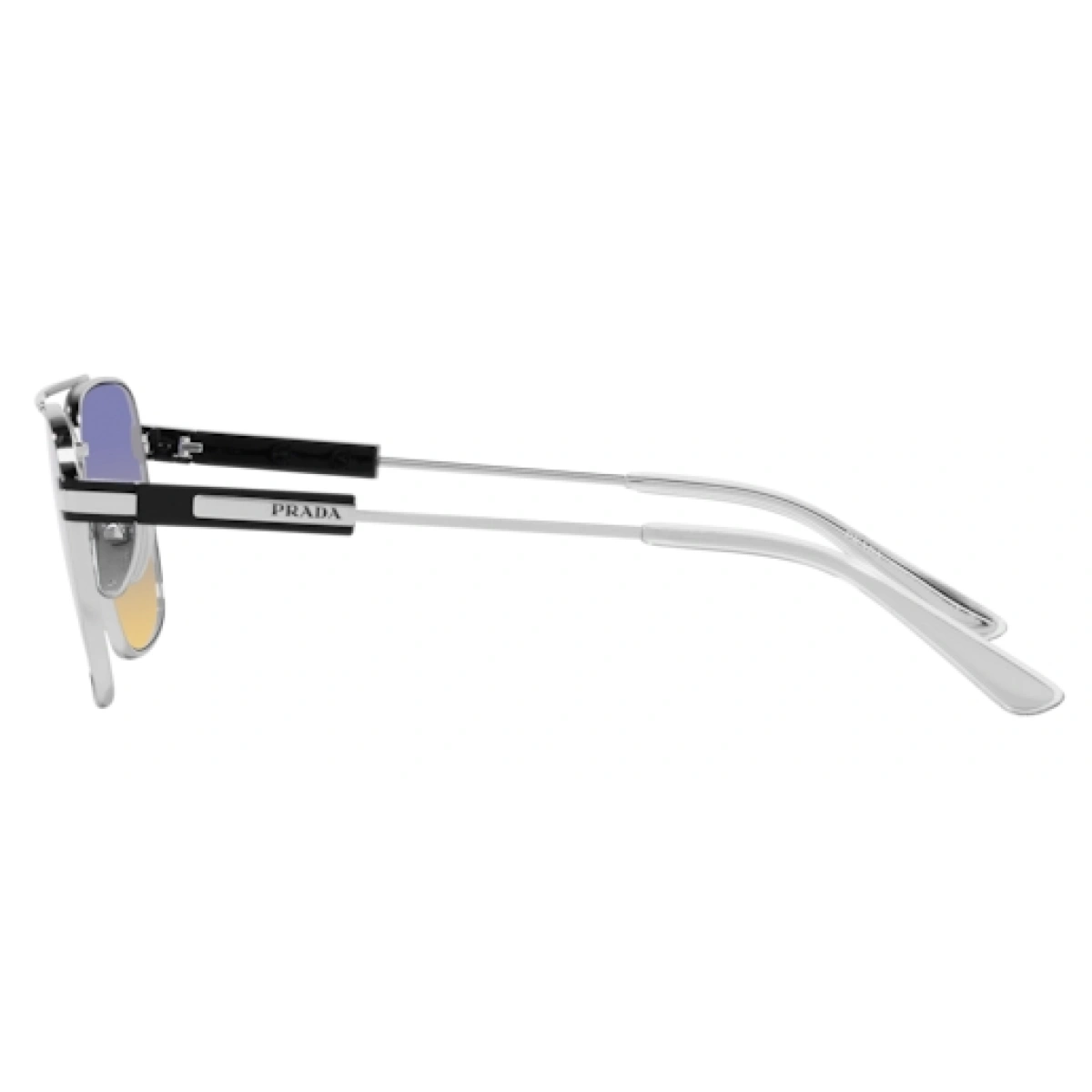 "Upgrade your eyewear with Prada SPR 67ZS 1BCO6Z sunglasses for men at Optorium. Featuring blue and yellow gradient lenses and non-polarized silver metal frames, these stylish Prada glasses are perfect for both men and women."