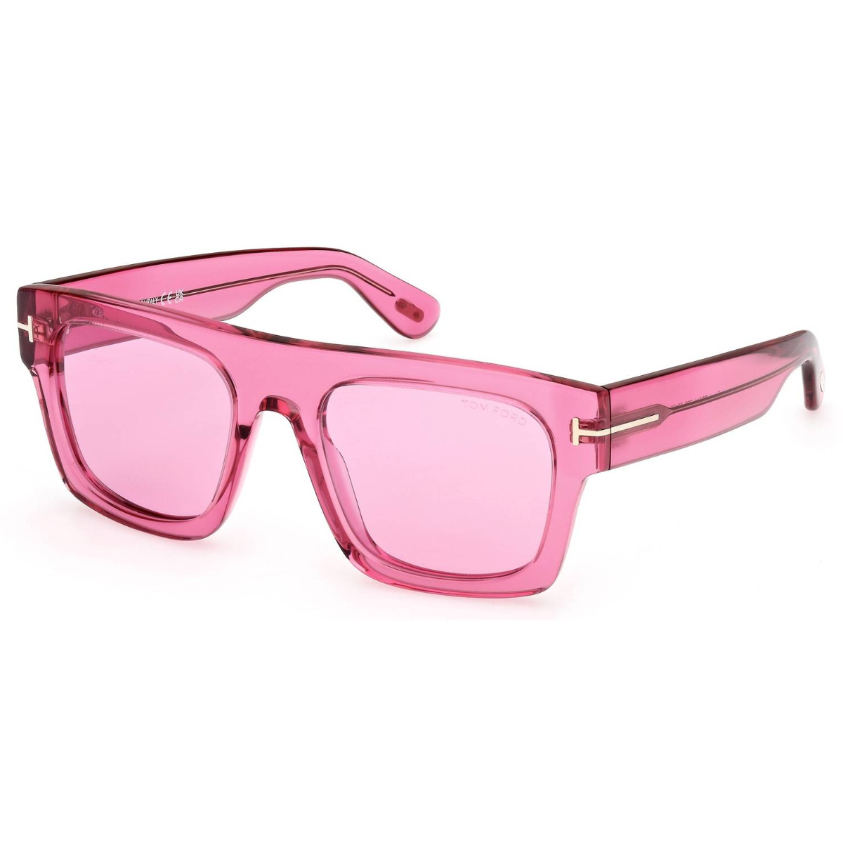 "Angle view of the Tom Ford 711 sunglasses showcasing the depth of the square frame's red color and the subtle gradient of the light pink lenses, under natural lighting."