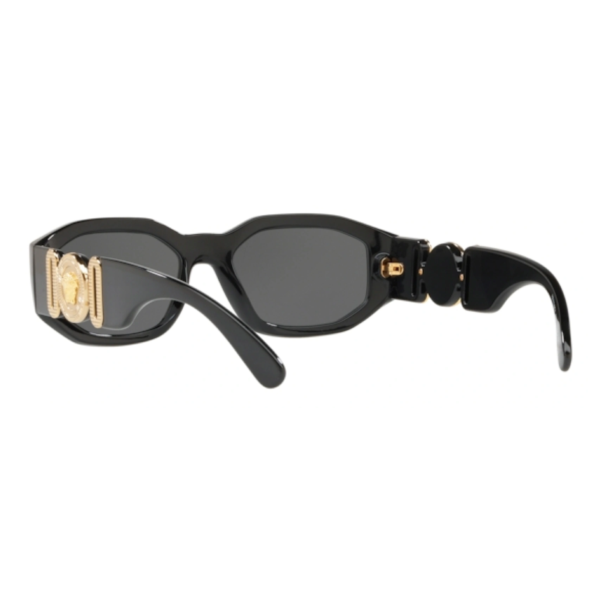 ""Versace 4361 GB1/87 Sunglass: Stylish square-shaped shades with black and gold frame, non-polarized grey lenses. Shop now at Optorium.""