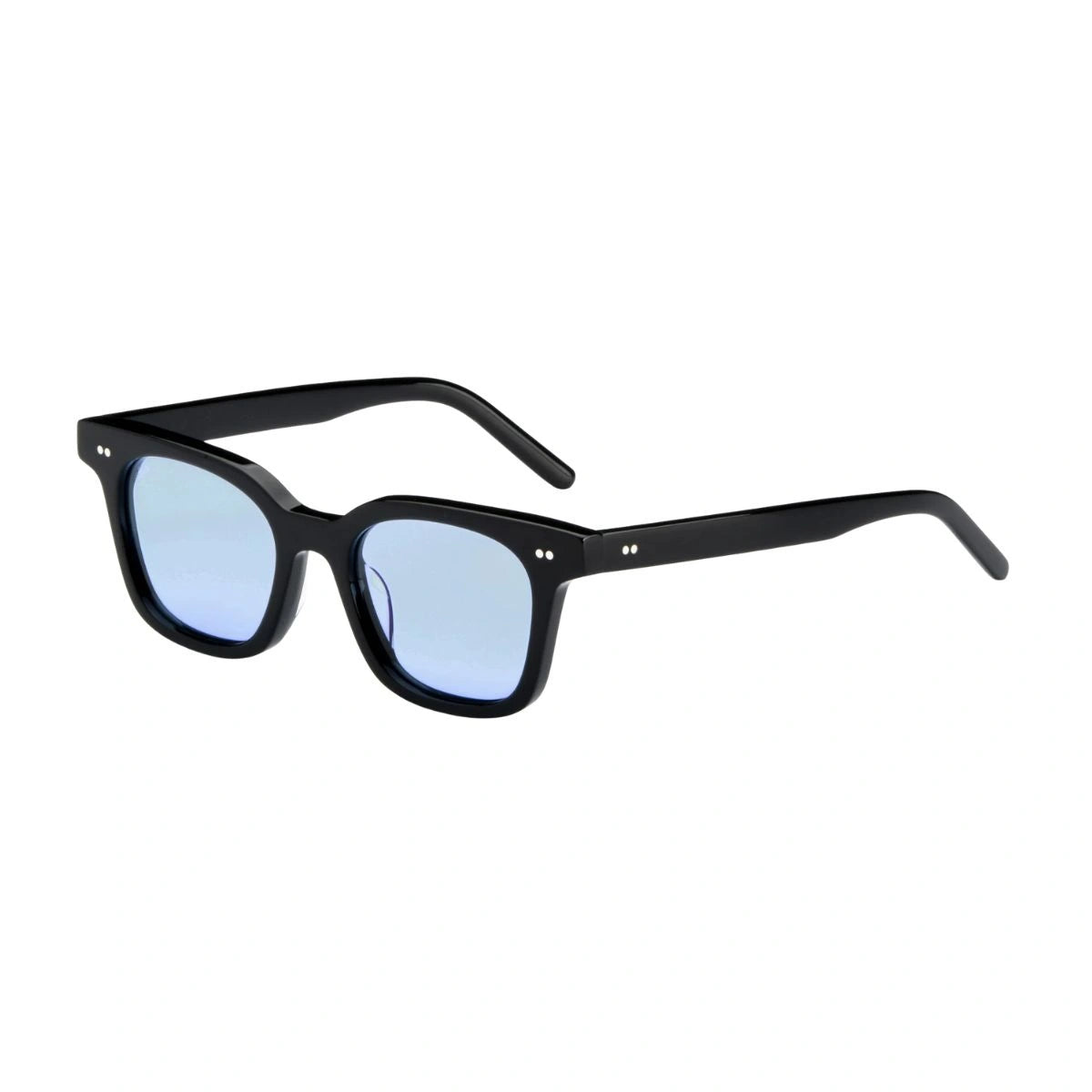 Unisex AKILA sunglasses black frame light blue lenses detail