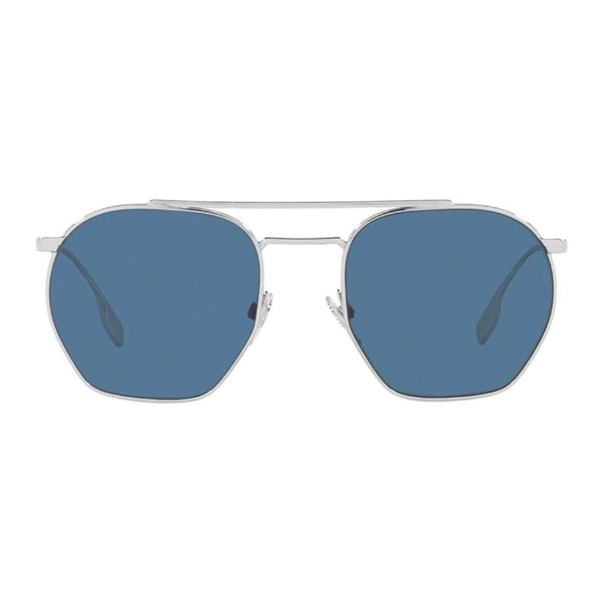 "Dark blue Burberry 3126 square sunglasses displayed on a wooden surface, highlighting the sleek design and color, perfect for stylish men."