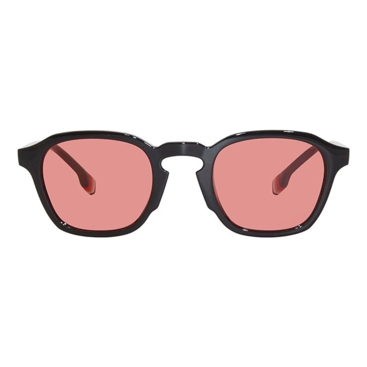 "Stylish unisex Burberry 4378-U sunglasses with black frames and red lenses, ideal for both men and women, showcased on a white background."