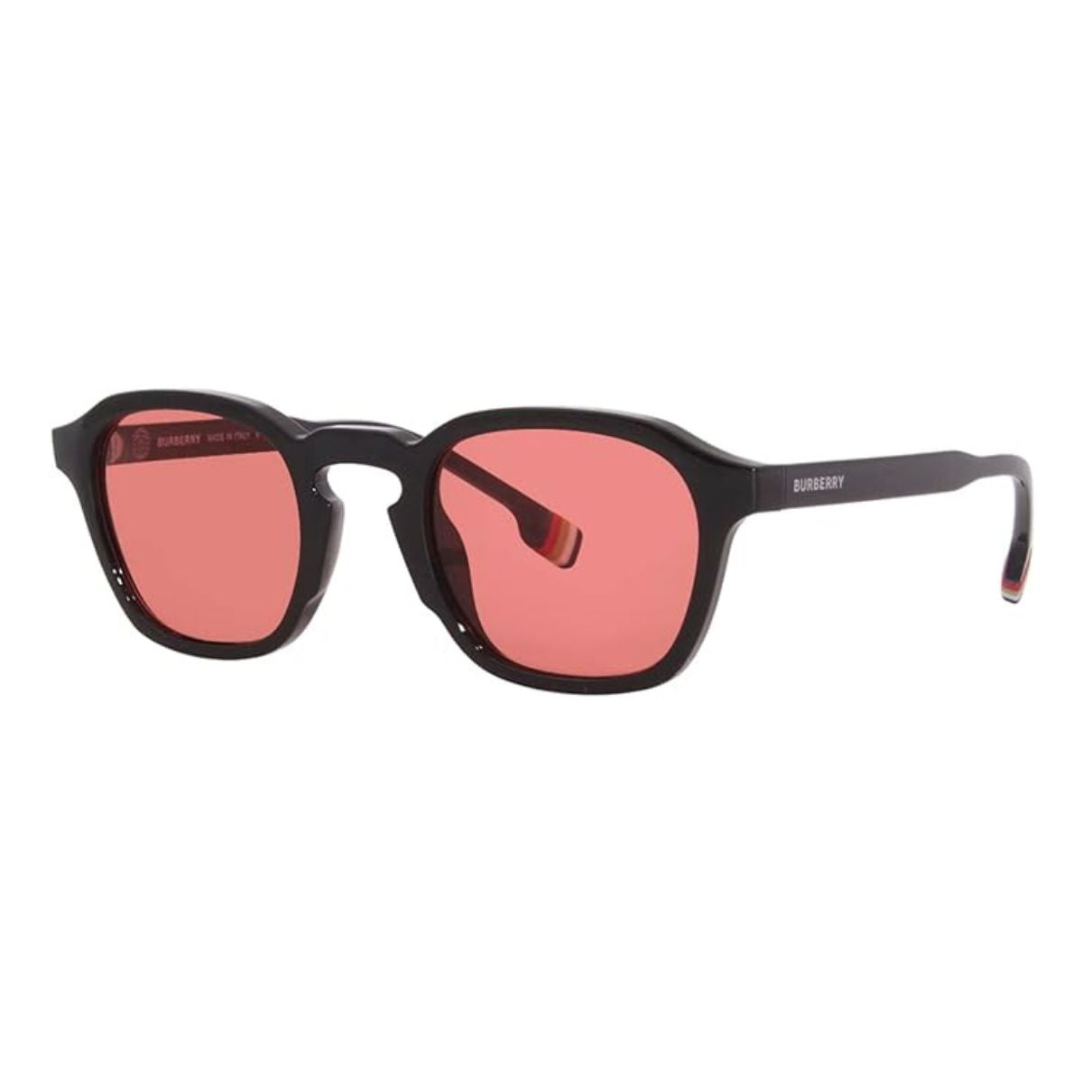 "Close-up view of Burberry 4378-U 3001/84 sunglasses, highlighting the contrast between the black frame and the red lenses, perfect for fashion-forward individuals."