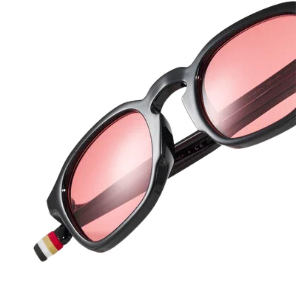 "Fashionable unisex Burberry sunglasses with black frame and red lenses, displayed alongside Burberry's signature check pattern, symbolizing brand heritage and style."