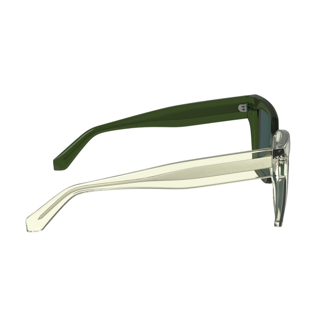 UV reactive Calvin Klein Jeans 24606S 008 sunglasses, crystal-to-green frame with light green lenses. Get it online at Optorium.