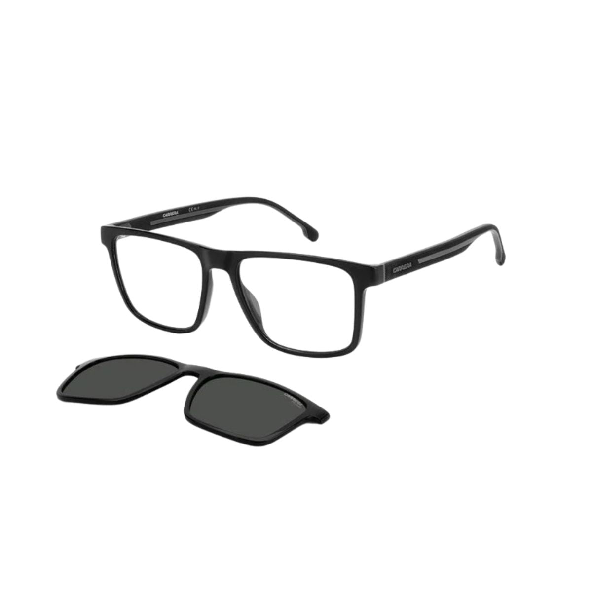 Lightweight Carrera Clip-On Sunglass CA 8061/CS 08A99, black frame and grey lenses. Shop now at Optorium.