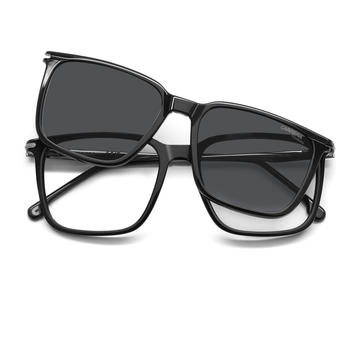 Carrera CA 357/C 284 eyeglasses with square acetate frames and clip-on shades give sharp vision and cool style in one simple, easy-to-use pair of men’s glasses optorium.