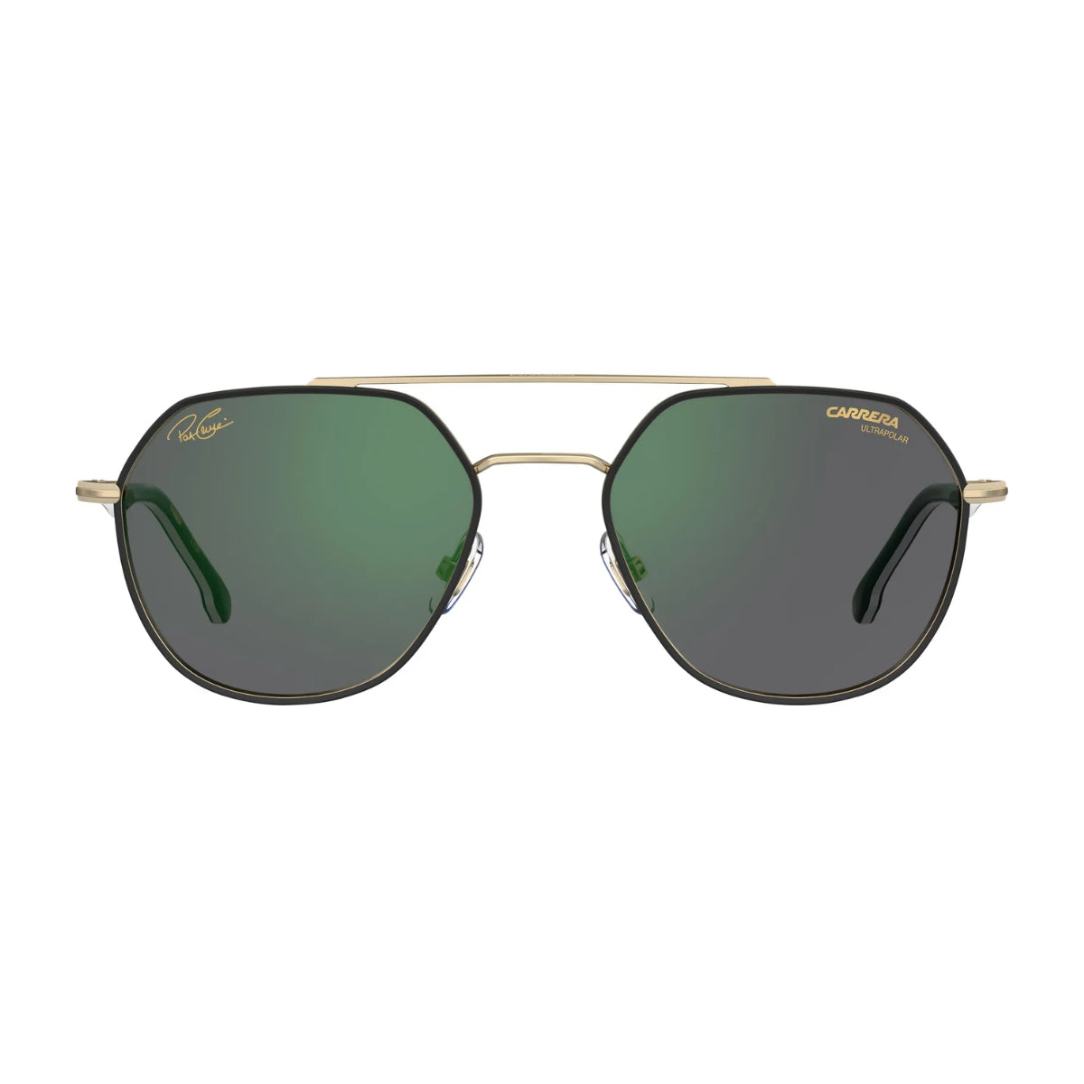 "Front view of Carrera CA 303/S PAT PEFQ3 aviator sunglasses with gradient blue lenses and matte black frame, available at Optorium"