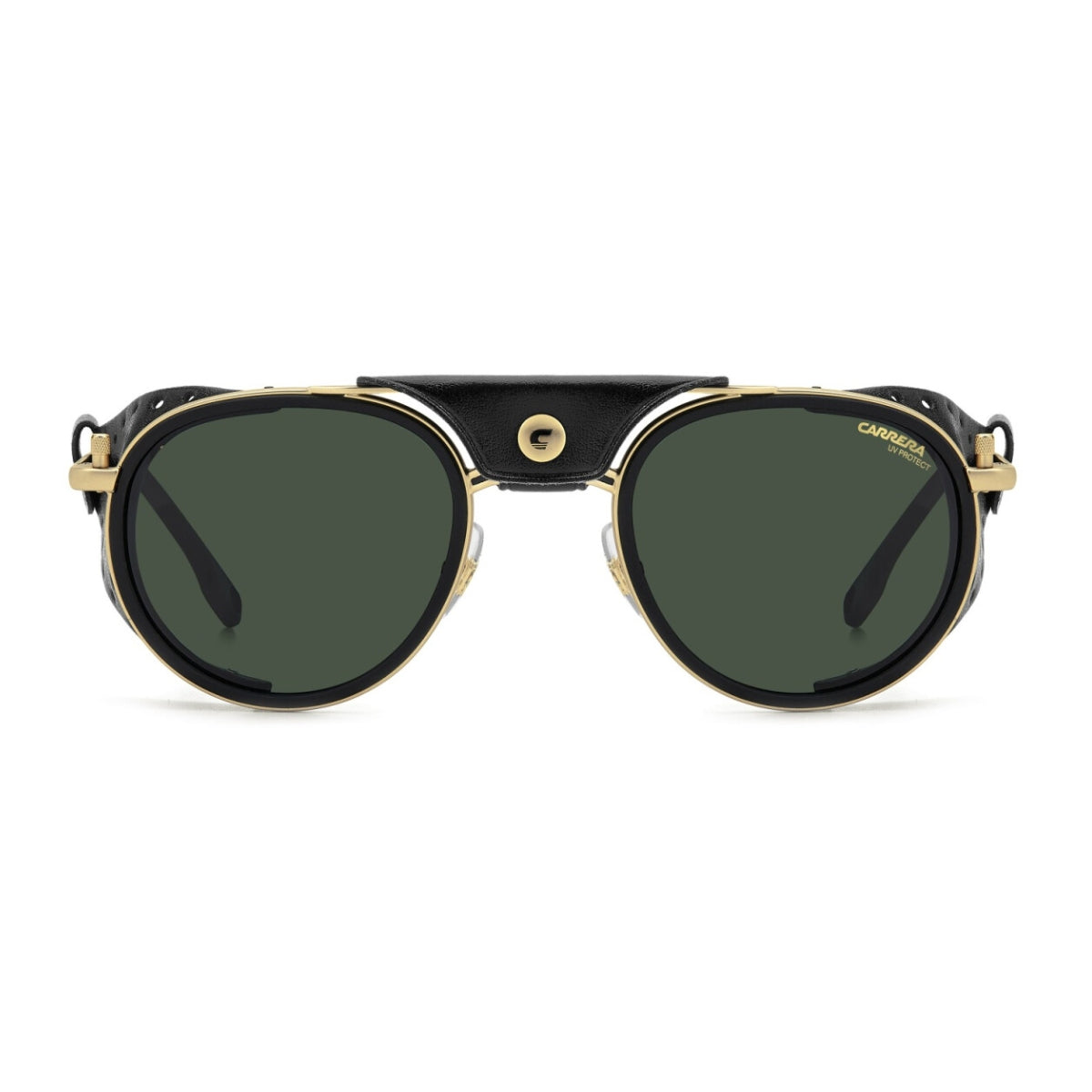 "Carrera C SPORT 05/S AOZQT sunglasses with matte gold frame and green lenses, offering UV protection and alpine-inspired design at Optorium."