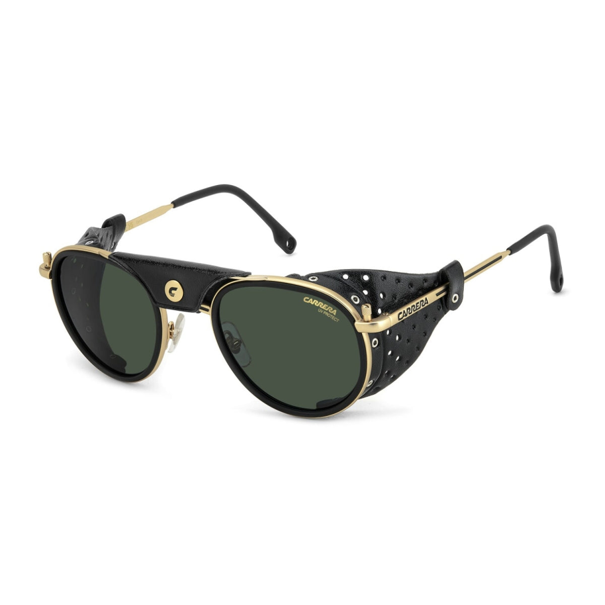 "Side view of Carrera C SPORT 05/S AOZQT sunglasses showcasing detachable faux leather elements and double bridge for wind protection at Optorium."