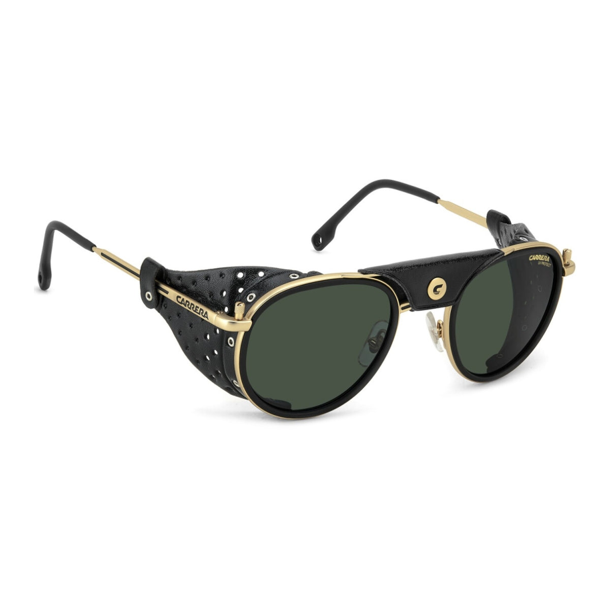 "Close-up of Carrera C SPORT 05/S AOZQT sunglasses' adjustable end tips and openings for elastic cord attachment at Optorium."