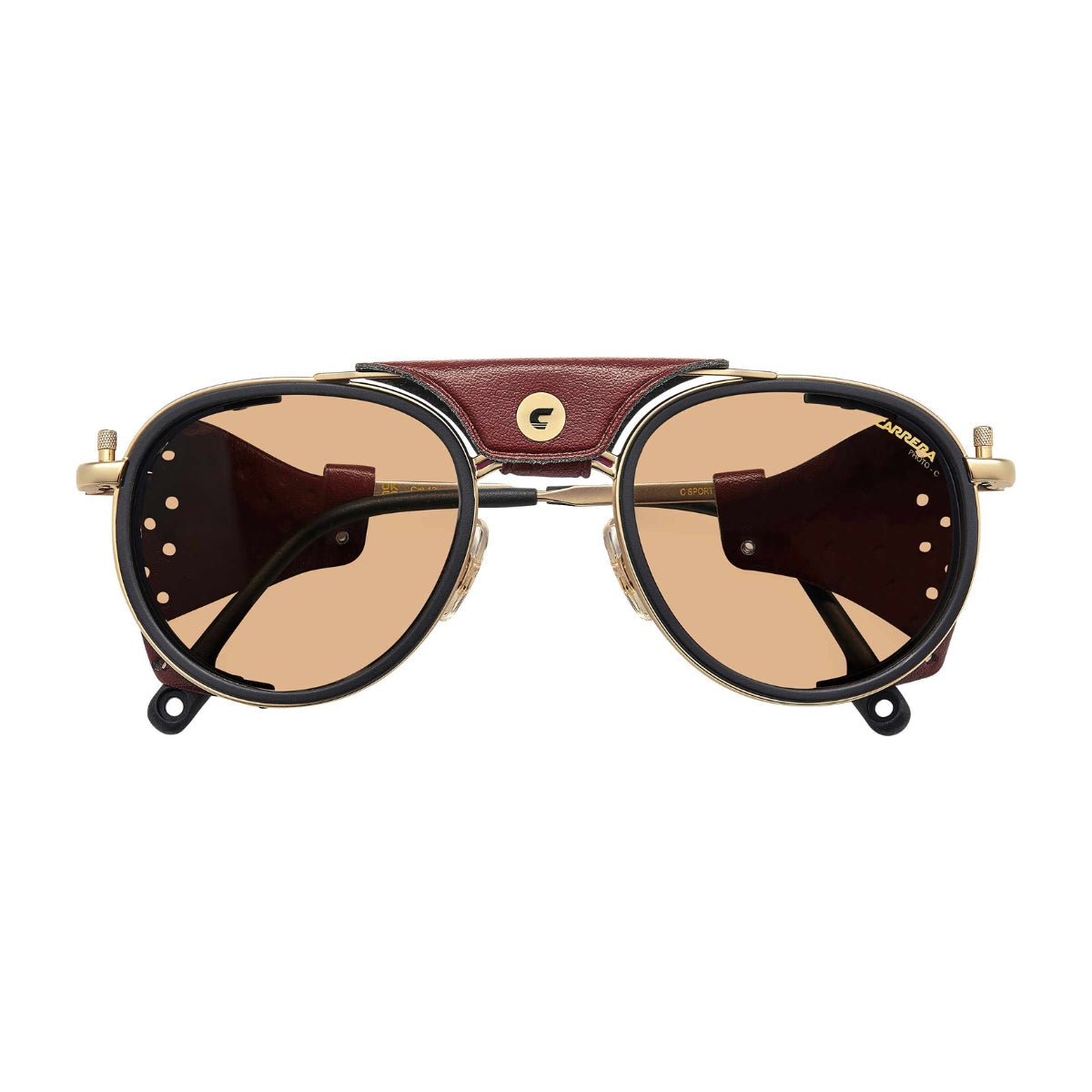 "UV400 protective Carrera C Sport 05/S sunglasses for men with vintage styling, gold frame, and side leather accents for full coverage Optorium"
