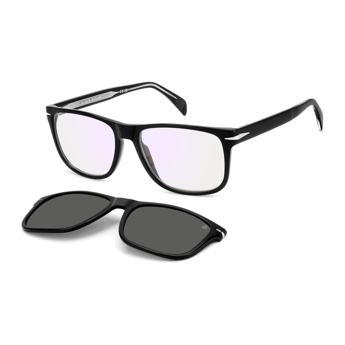 Experience david beckham clip-on frame in model DB 1188/C 807, featuring premium black acetate design with grey polarized clip-ons, iconic eyewear fashion redefined – optorium.