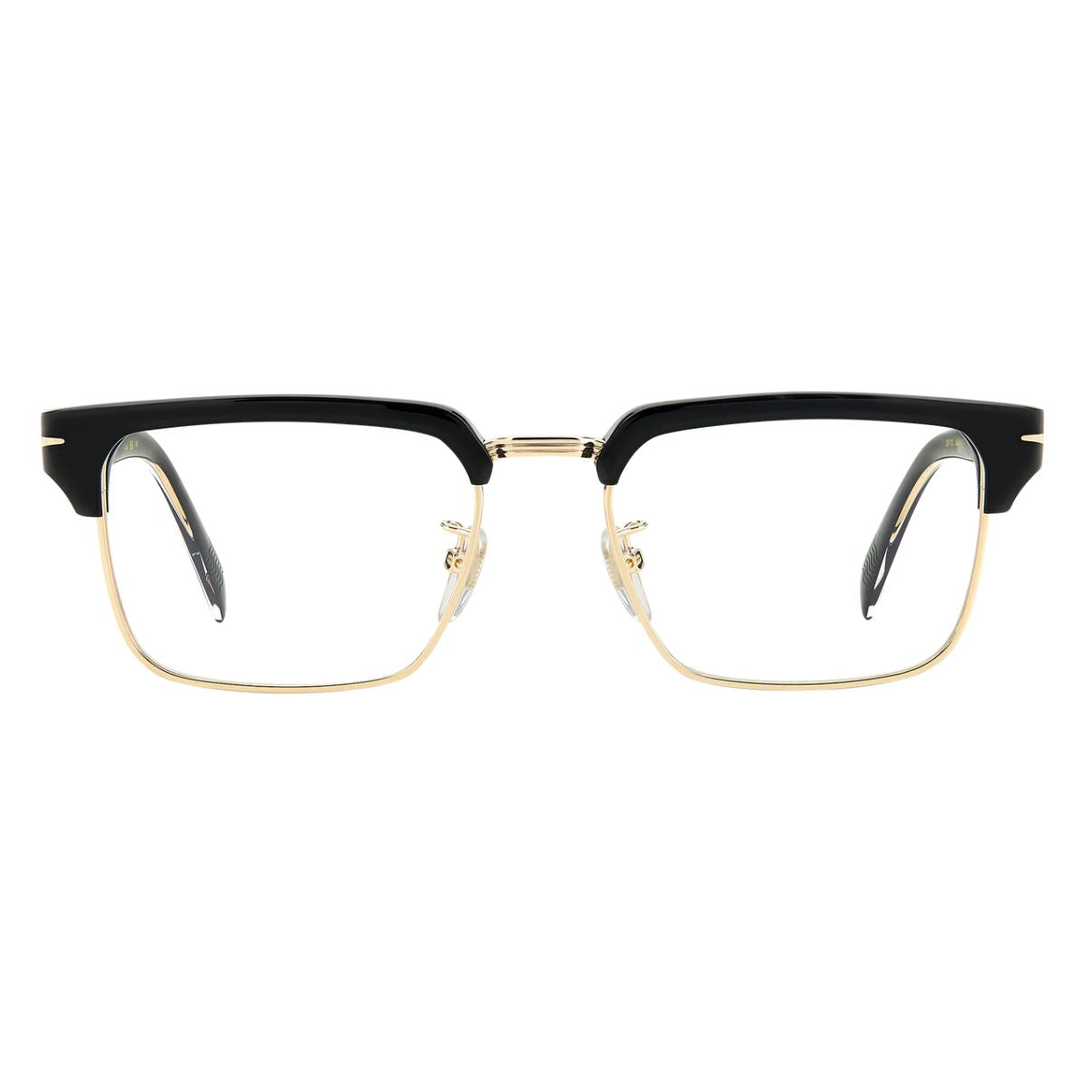 A pair of David Beckham eyeglasses with a browline shape, featuring a gold and black color scheme, full frame coverage, and acetate temples.