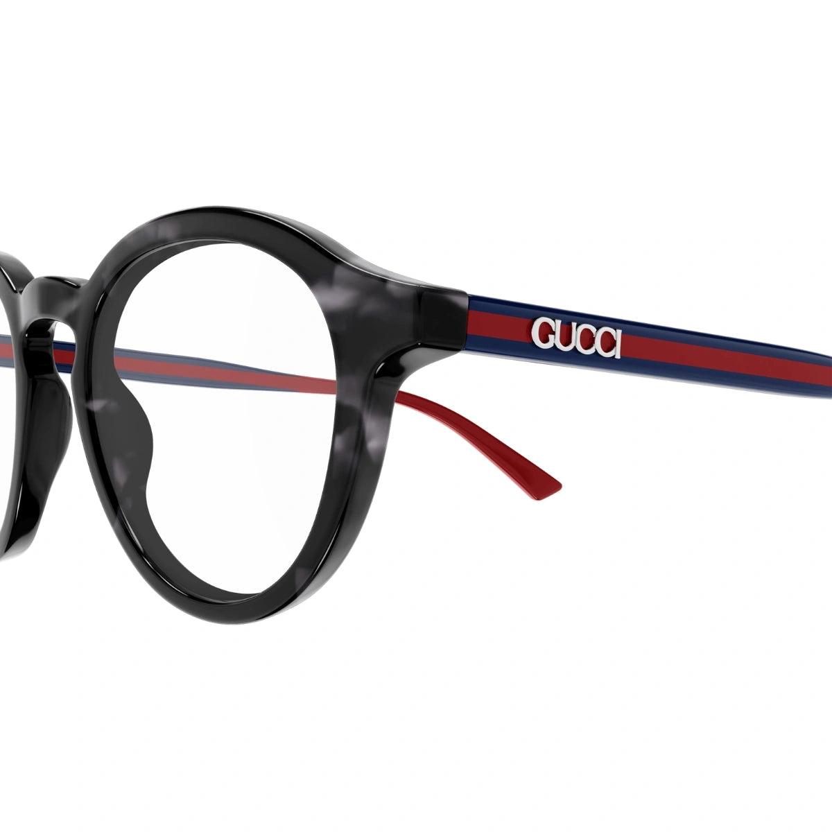 Gucci eyeglasses with black frame and red and blue stripes on a white background
