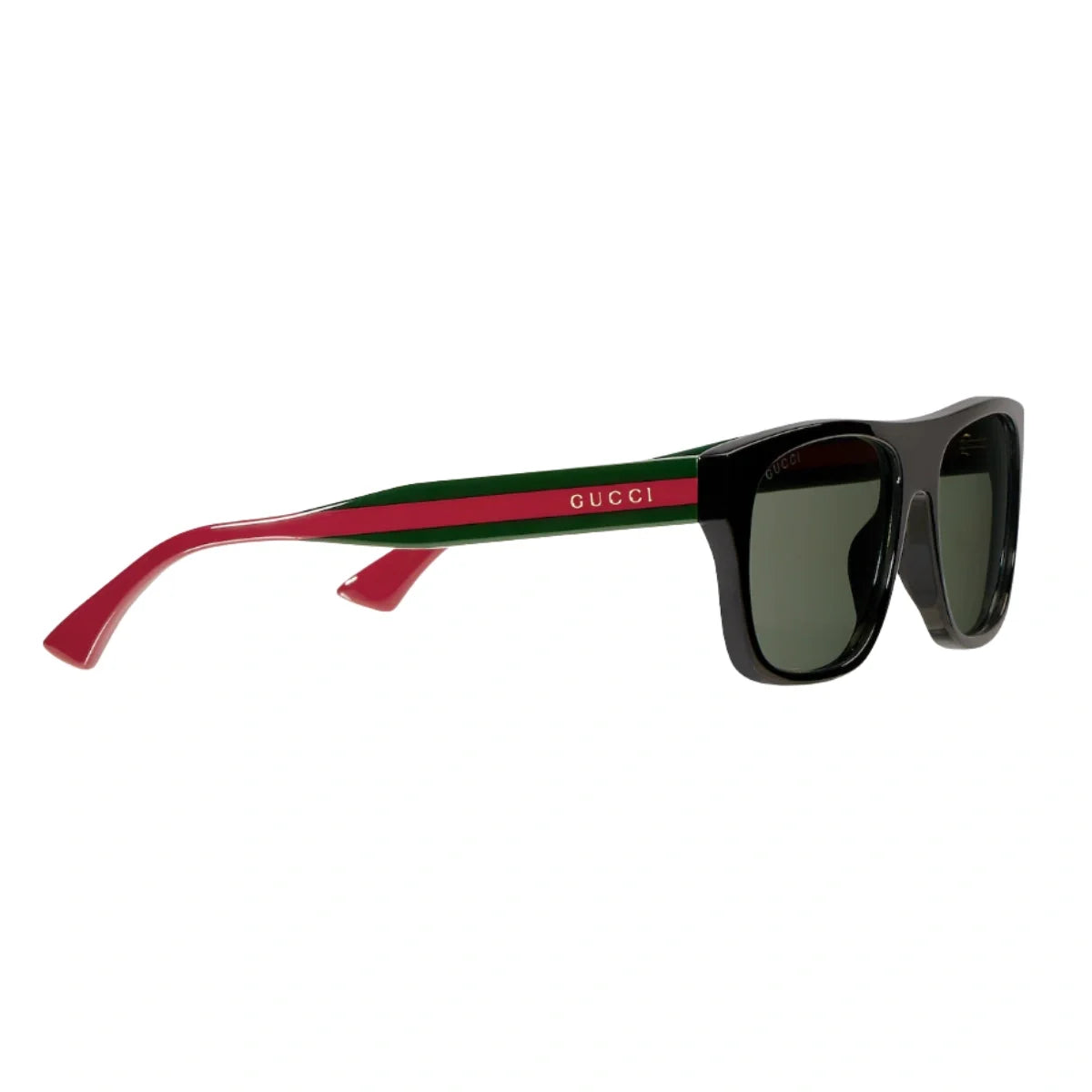 Gucci square sunglasses GG1991S 001 red and green acetate temples. But Gucci eyewear at Optorium.