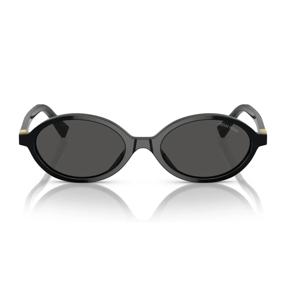 "Close-up of Miu Miu sunglasses SMU 04Z 1AB 5S0 black oval sunglass for women, showcasing luxury Miu Miu eyewear design."